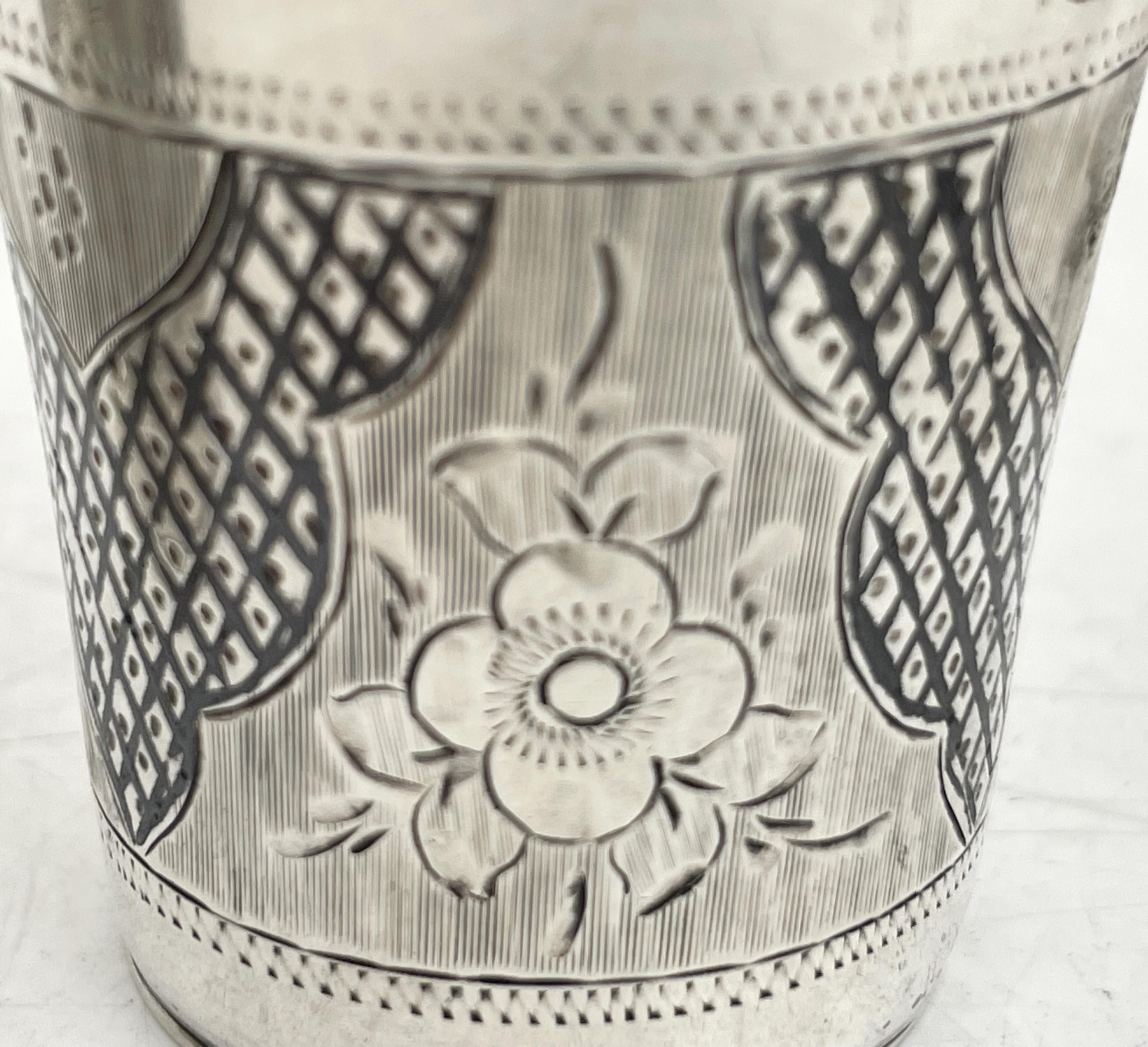 Pair of Russian 0.84 silver Kiddush cups with niello inlays from 1870, showcasing stylized floral and geometric motifs. They measure 1 7/8'' in height by 1 3/4'' in diameter at the top and bear hallmarks as shown. 

Please feel free to ask us any