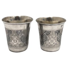 Antique Pair of Russian Niello Silver 1870 Kiddush Cups