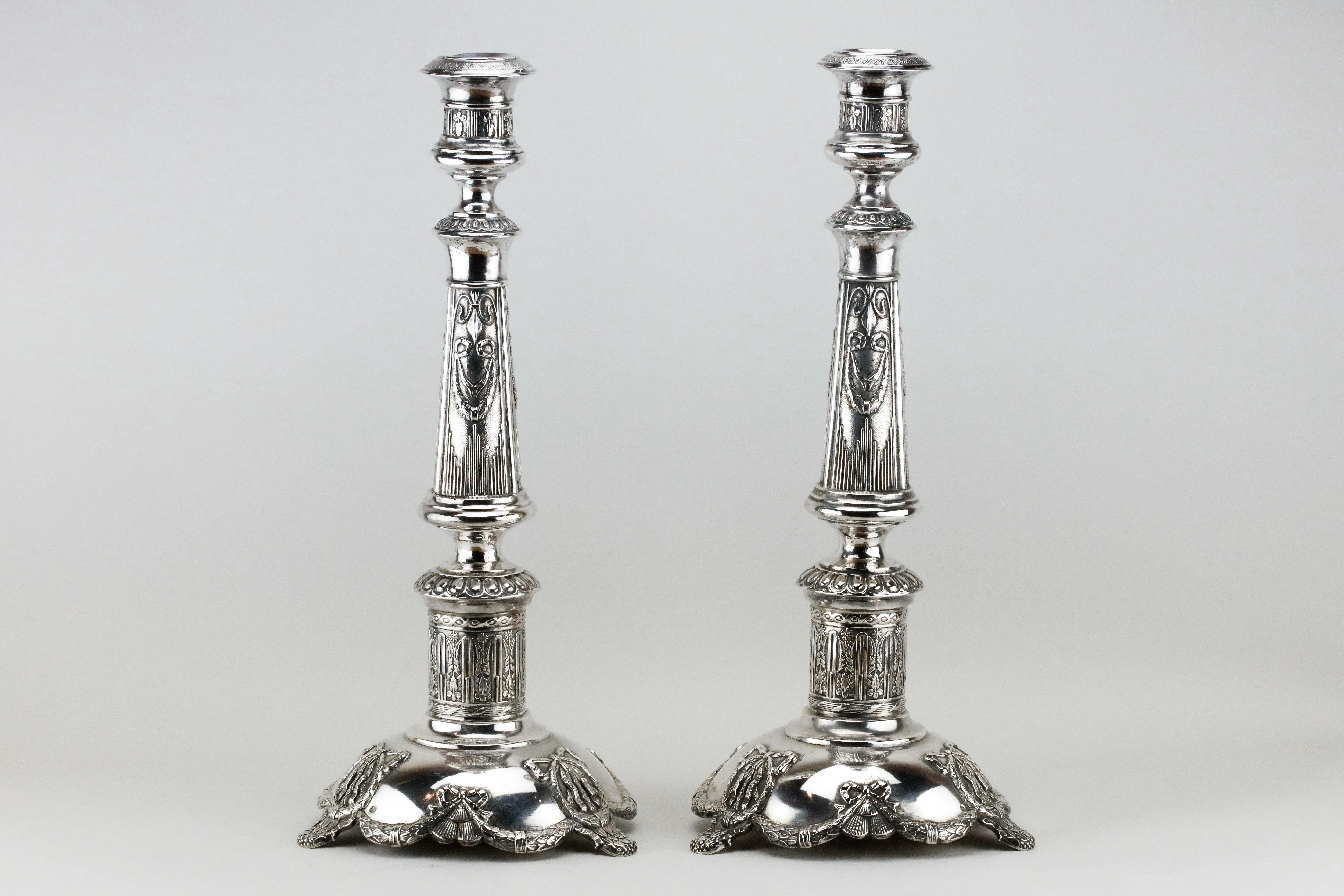 Late 19th Century Pair of Polish Silver Shabbat Candlesticks by Isaac Szekman 1