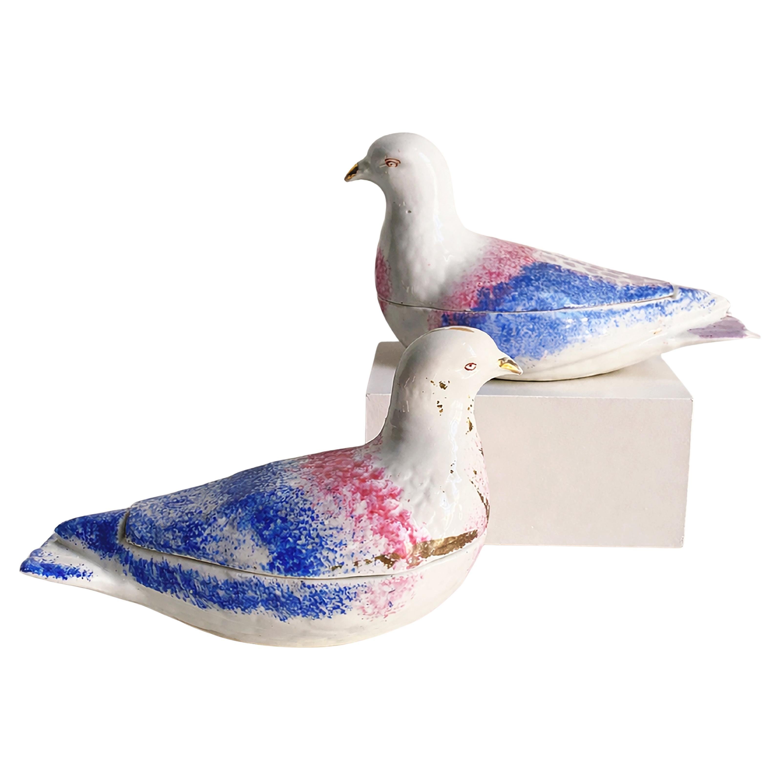Pair of Russian Porcelain Pigeon Covered Boxes – Kuznetsov Factory, c. 1900 For Sale