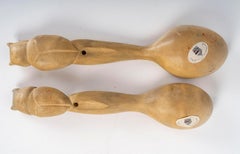 Pair of Russian Wooden Ladles with Owl Design, Circa 1990.