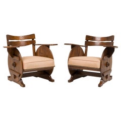 Antique Pair of Rustic Adirondack Beige Upholstered Wood Chairs