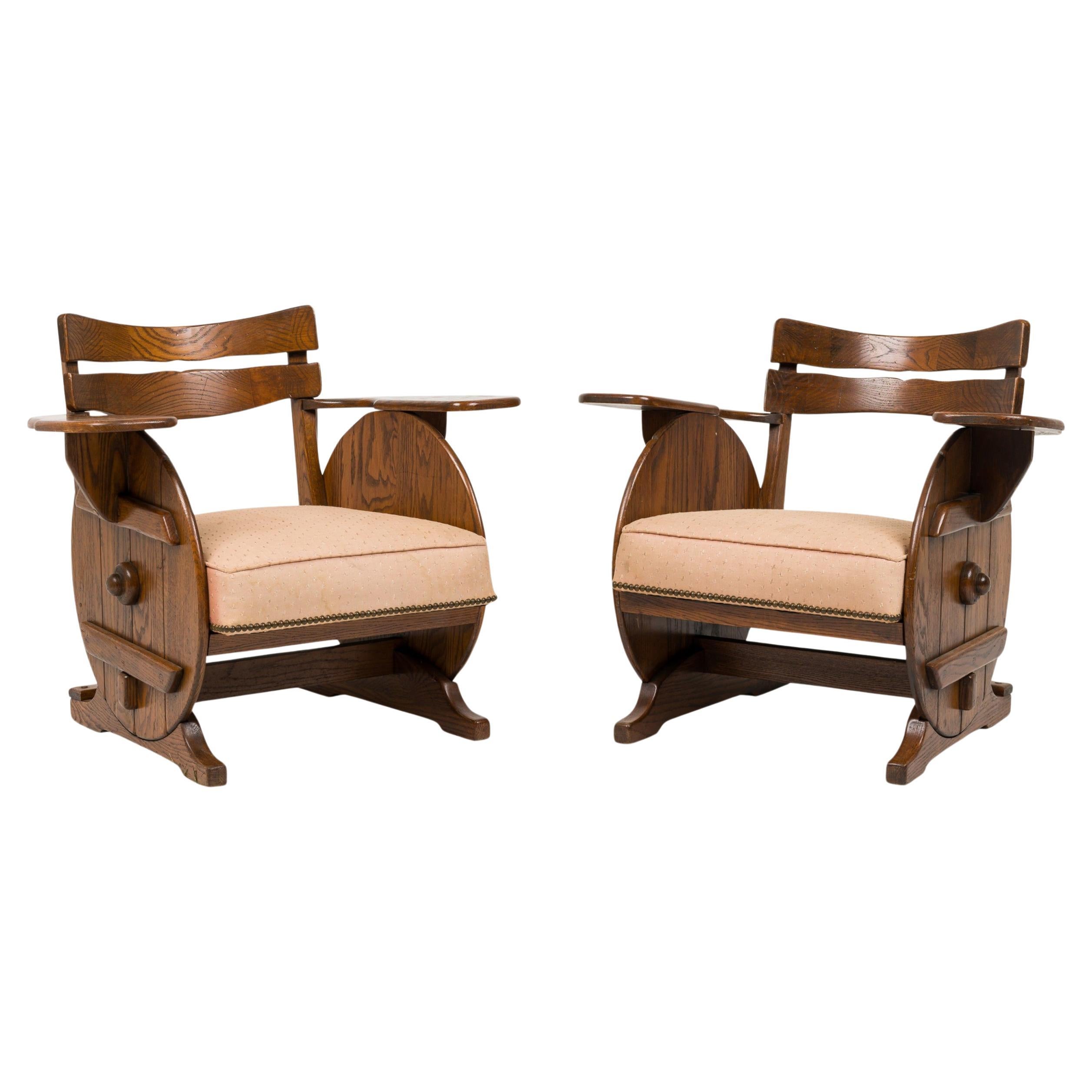 Pair of Rustic Adirondack Beige Upholstered Wood Chairs en venta