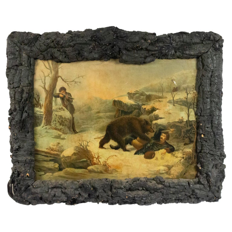 Pair of rustic Adirondack hunt scene pictures, 20th century, offered by Newel