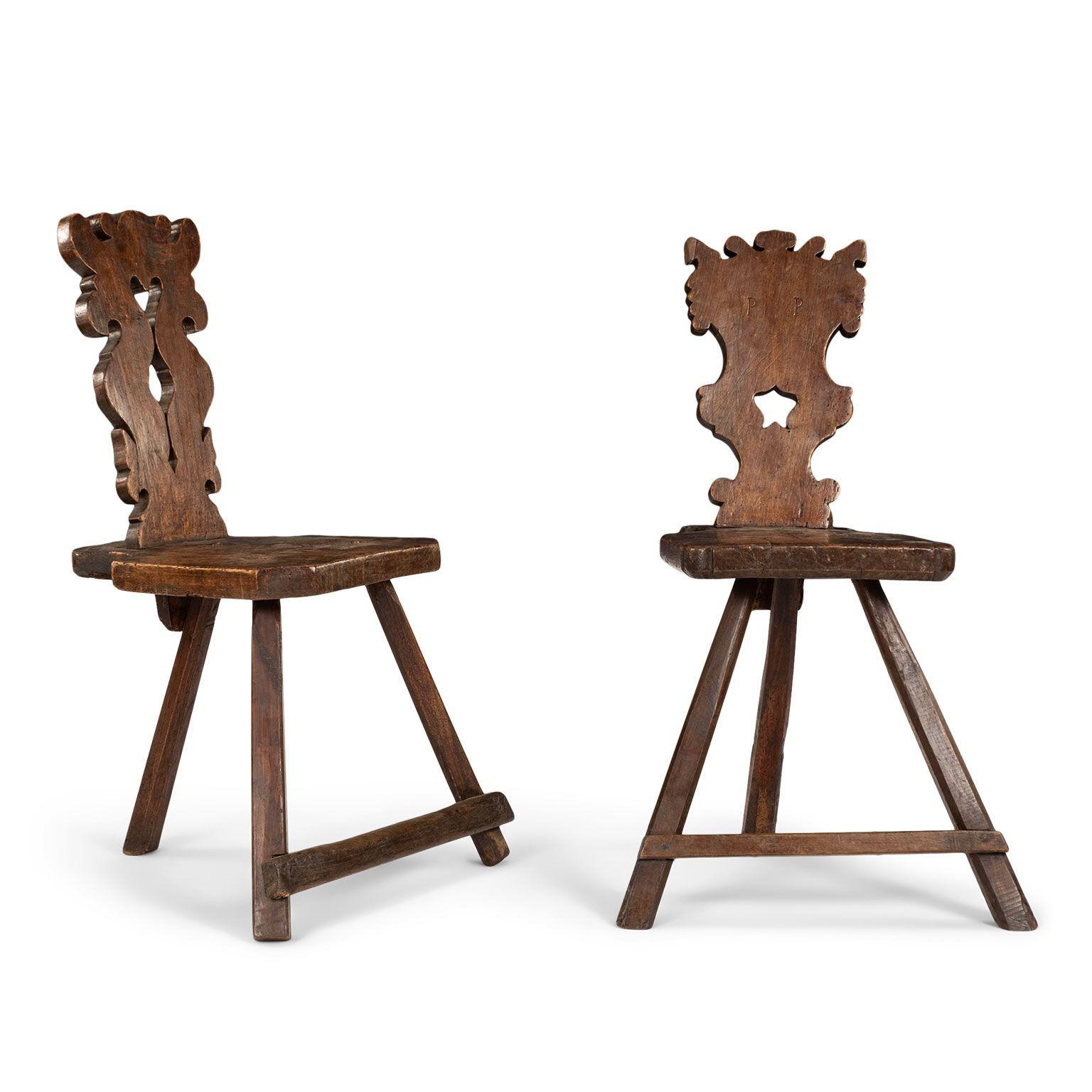 Hand-Carved Pair of Rustic Alpine Chairs For Sale