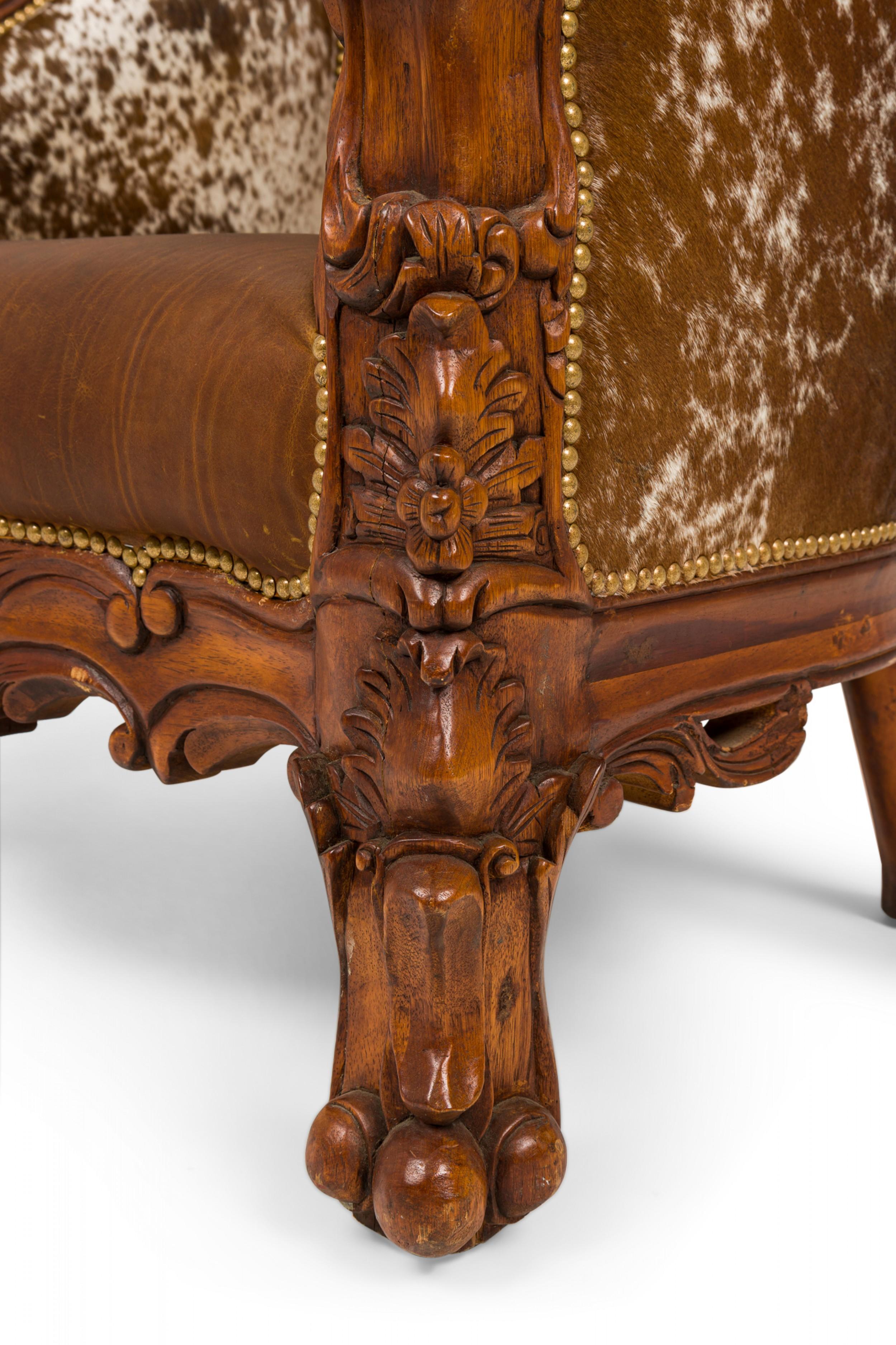 Pair of Rustic American Carved Walnut and Cowhide Wide Lounge / Armchairs For Sale 5