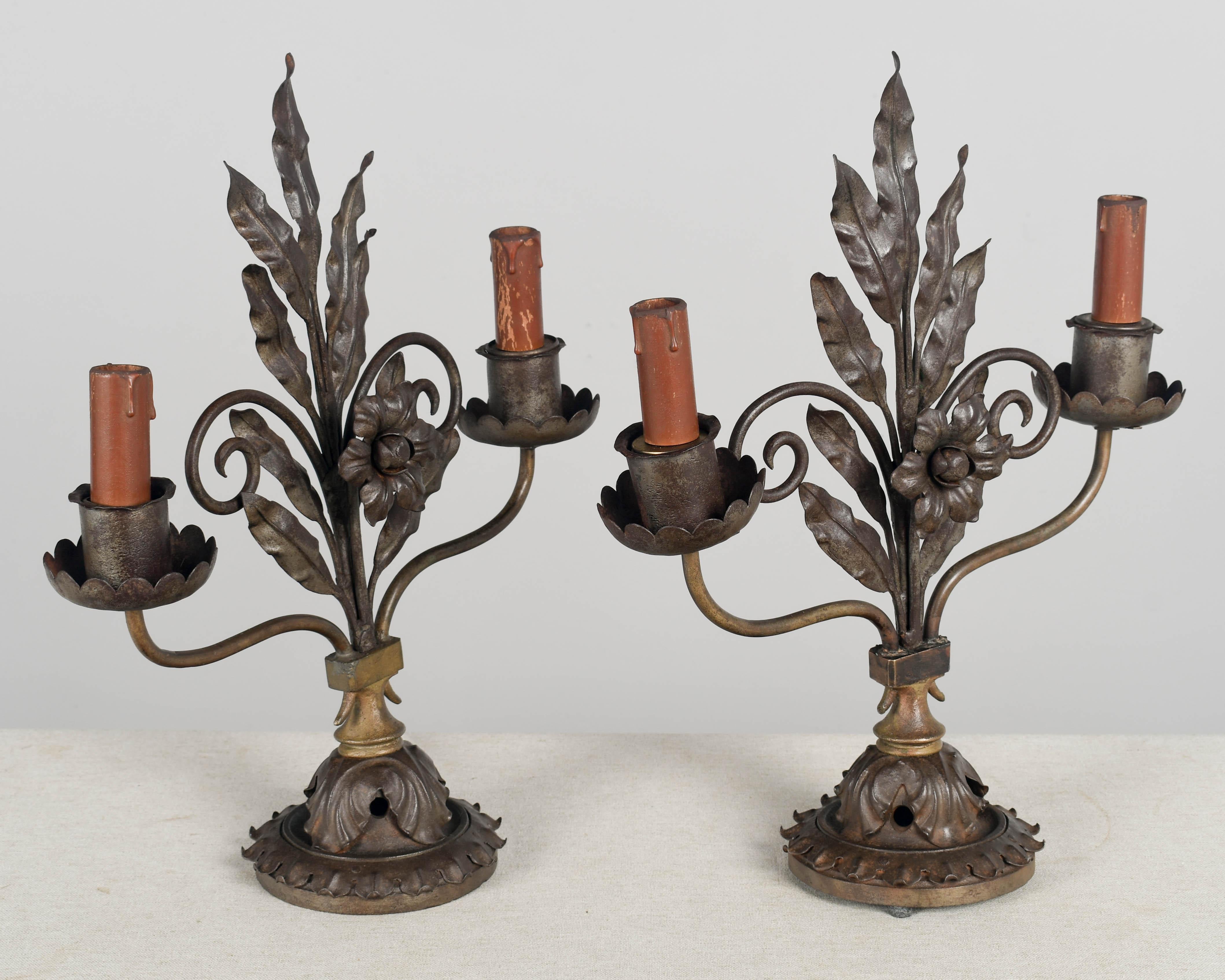 Pair of Rustic Art Deco Iron Candelabra In Good Condition For Sale In Winter Park, FL