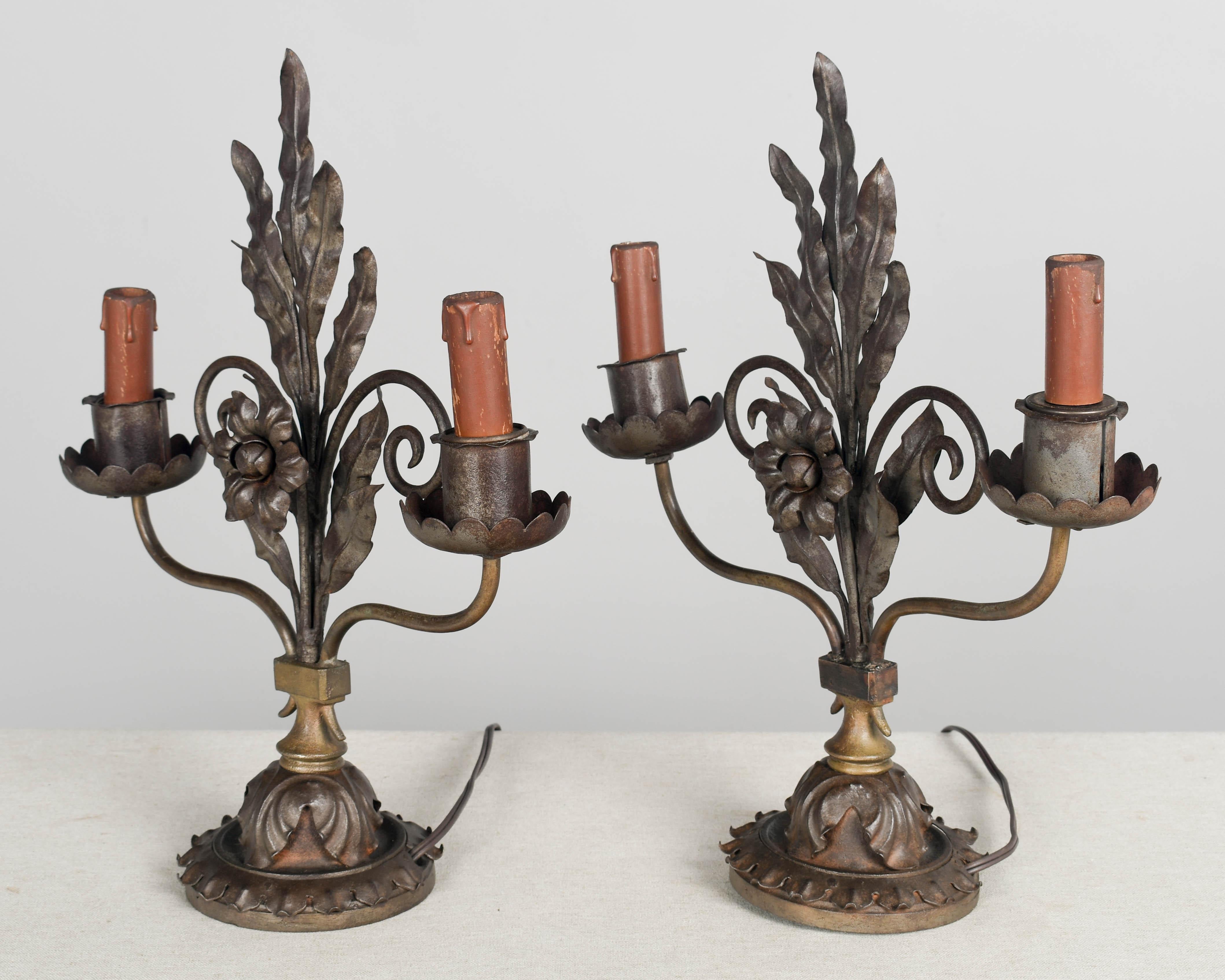 20th Century Pair of Rustic Art Deco Iron Candelabra For Sale