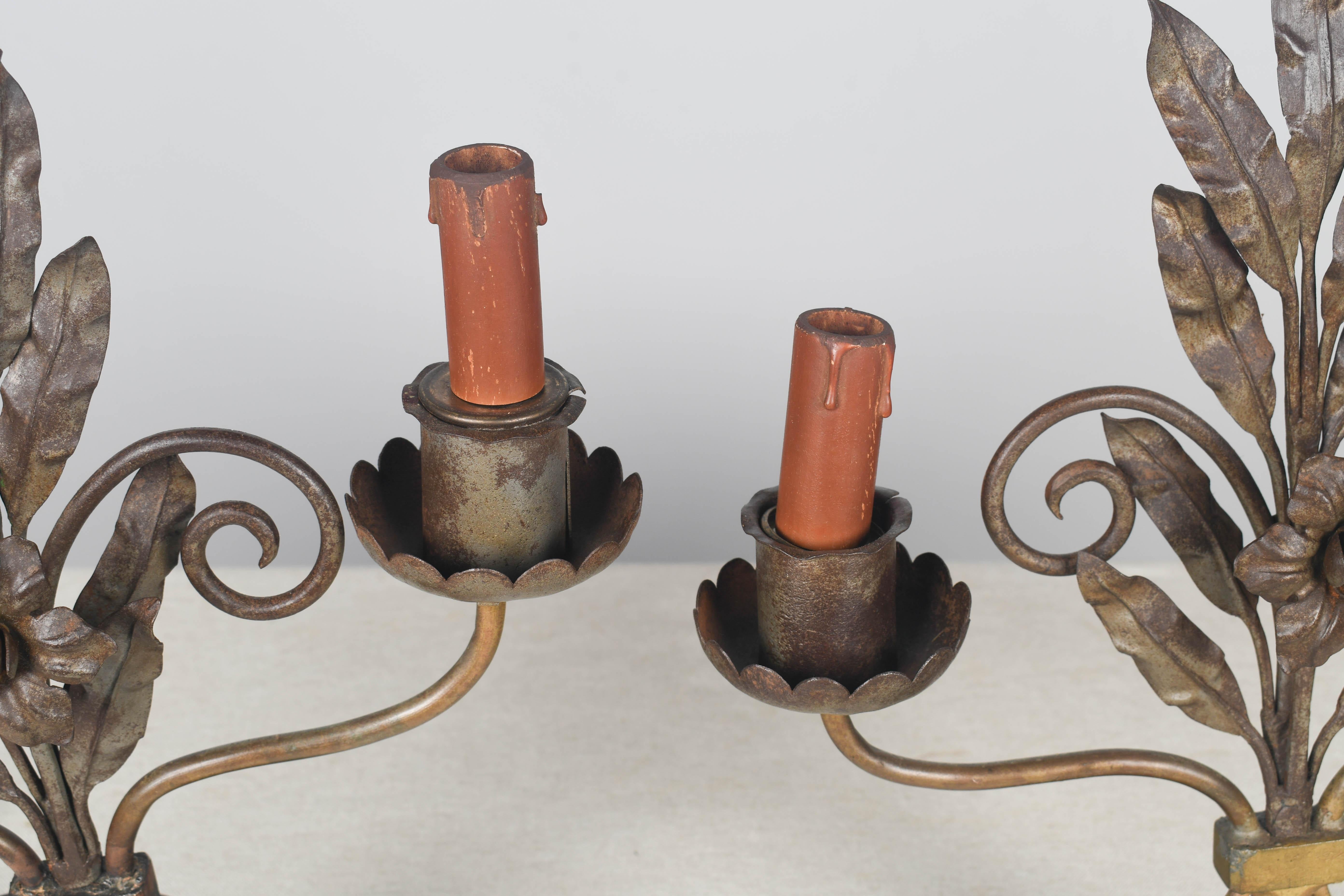 Pair of Rustic Art Deco Iron Candelabra For Sale 3