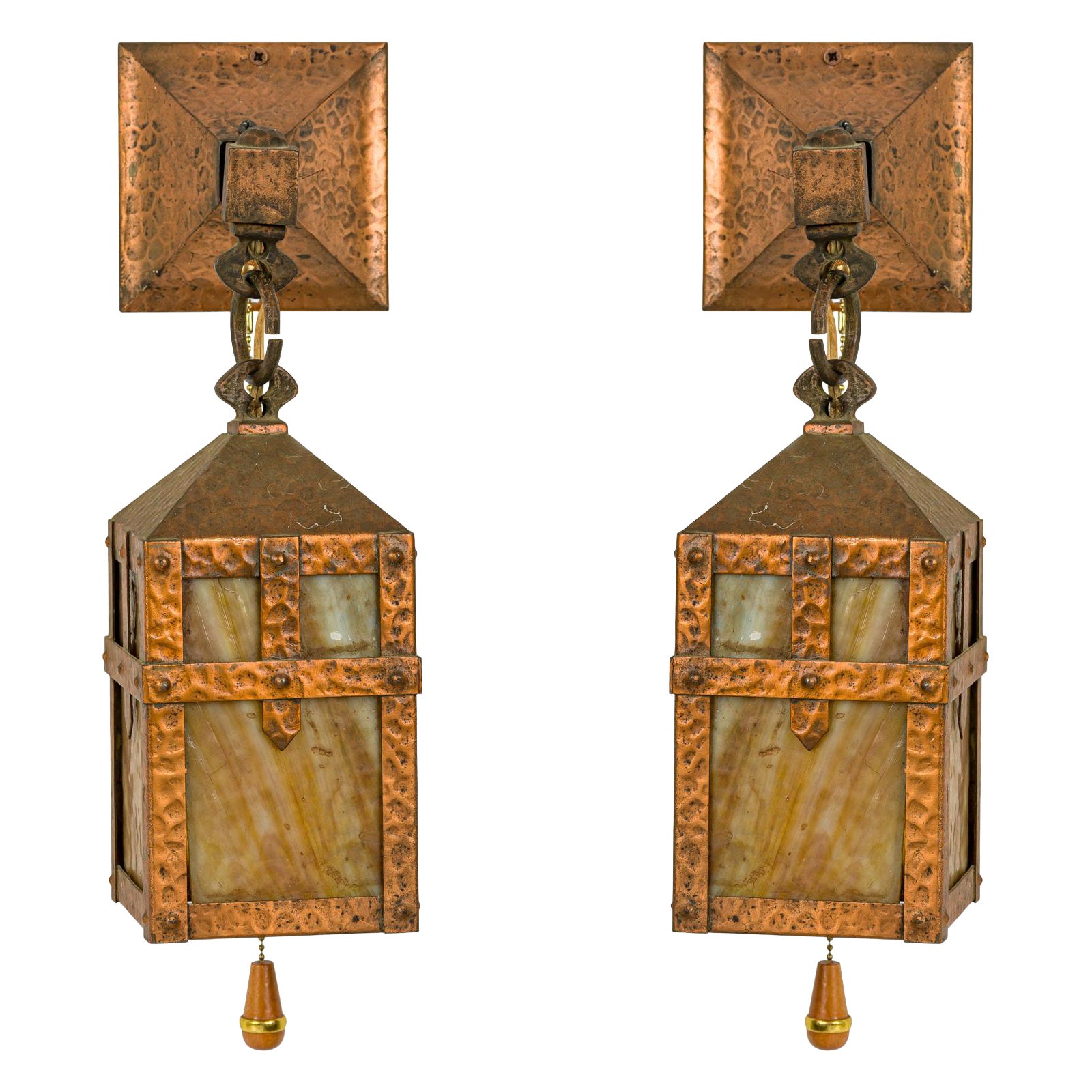 Pair of Rustic Arts 
Crafts Style Hammered Iron Slag Glass Wall Sconces For Sale