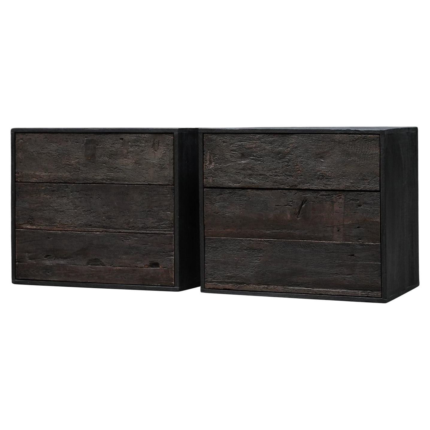 Pair of Rustic Belgian Nightstands in Dark Reclaimed Wood For Sale