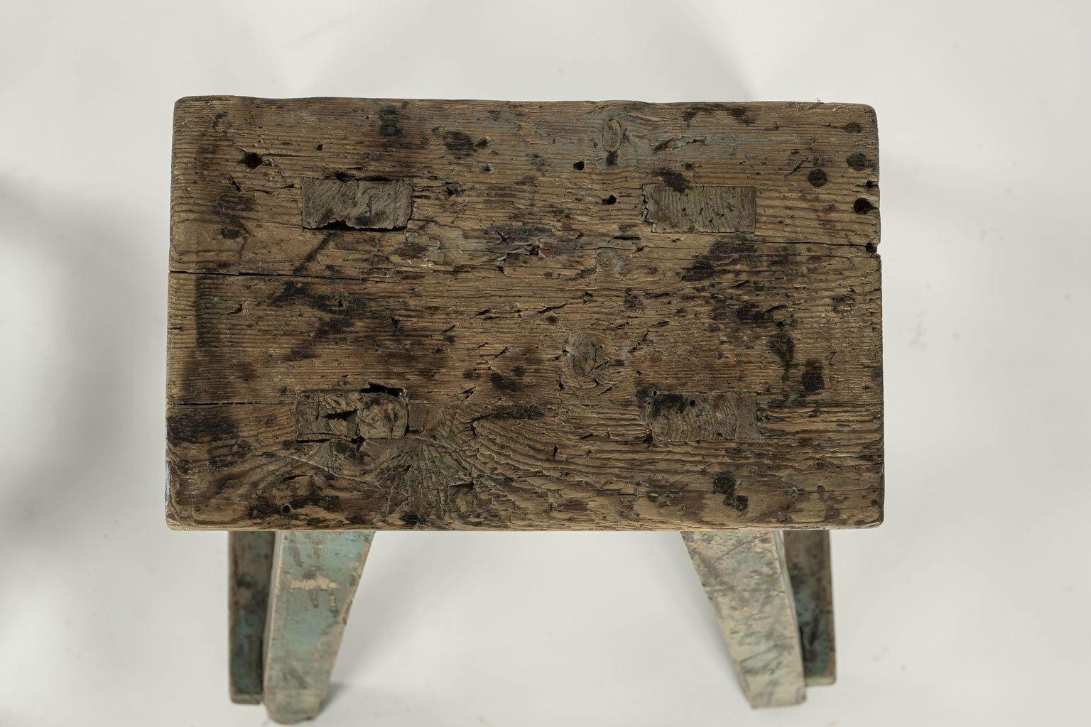 Hand-Carved Rustic Blue Painted Side Table