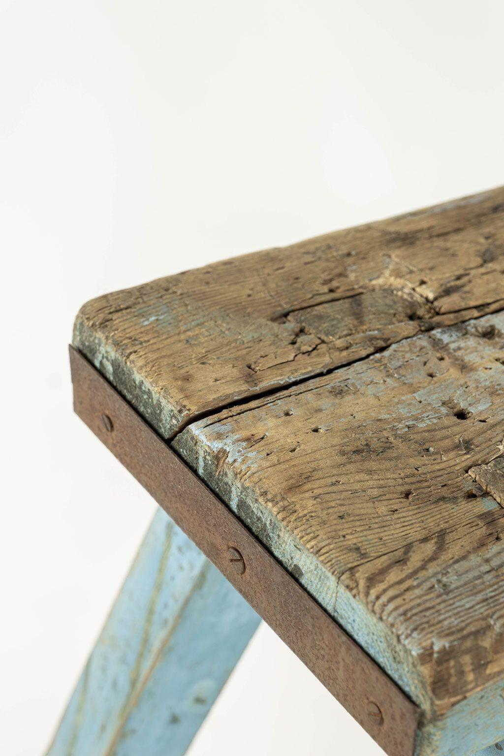 Rustic blue painted side table: French painters' trestle circa 1920.

