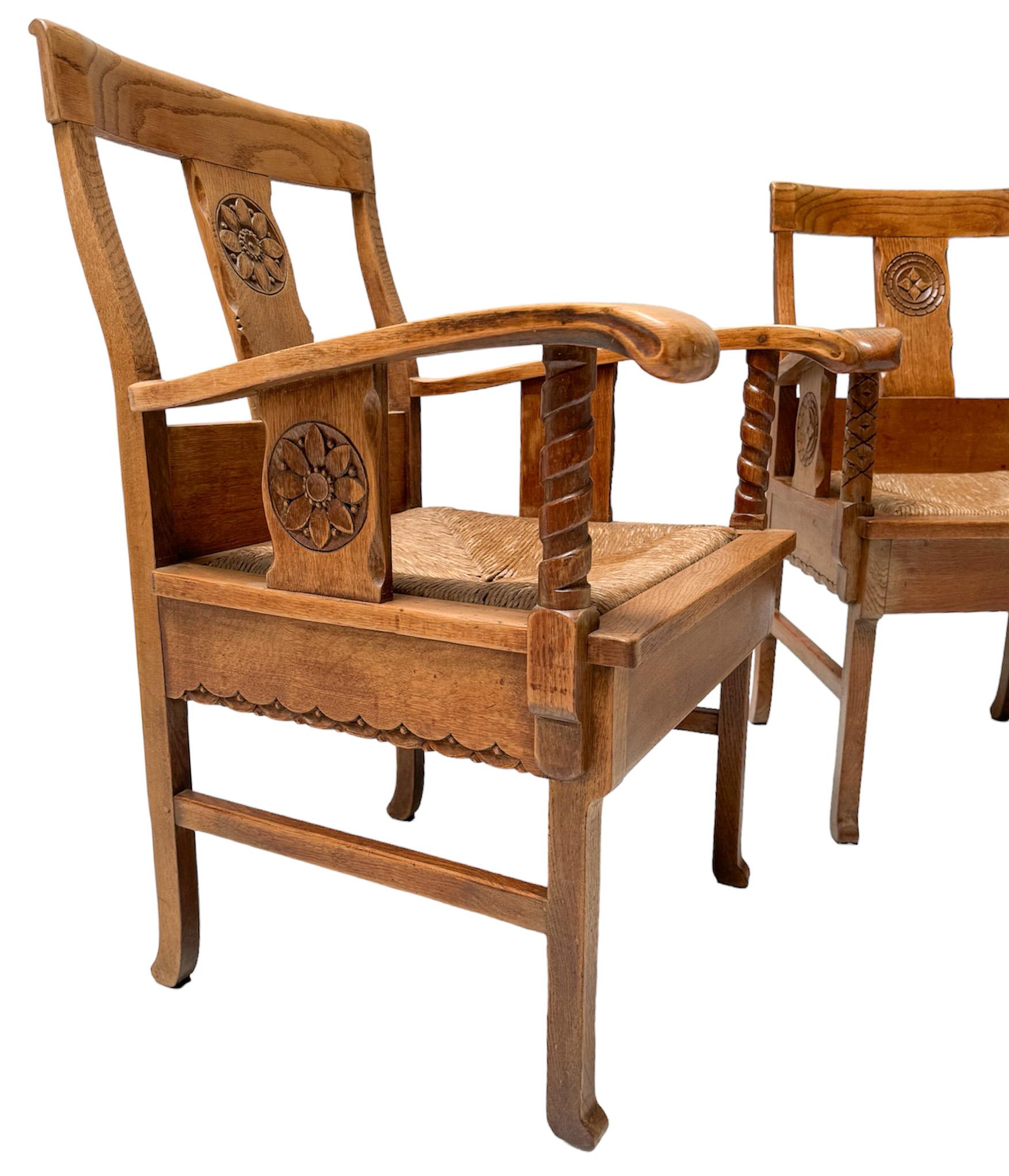 Rush Pair of Rustic Carved Oak Armchairs by Anton Fortuin, 1940s For Sale