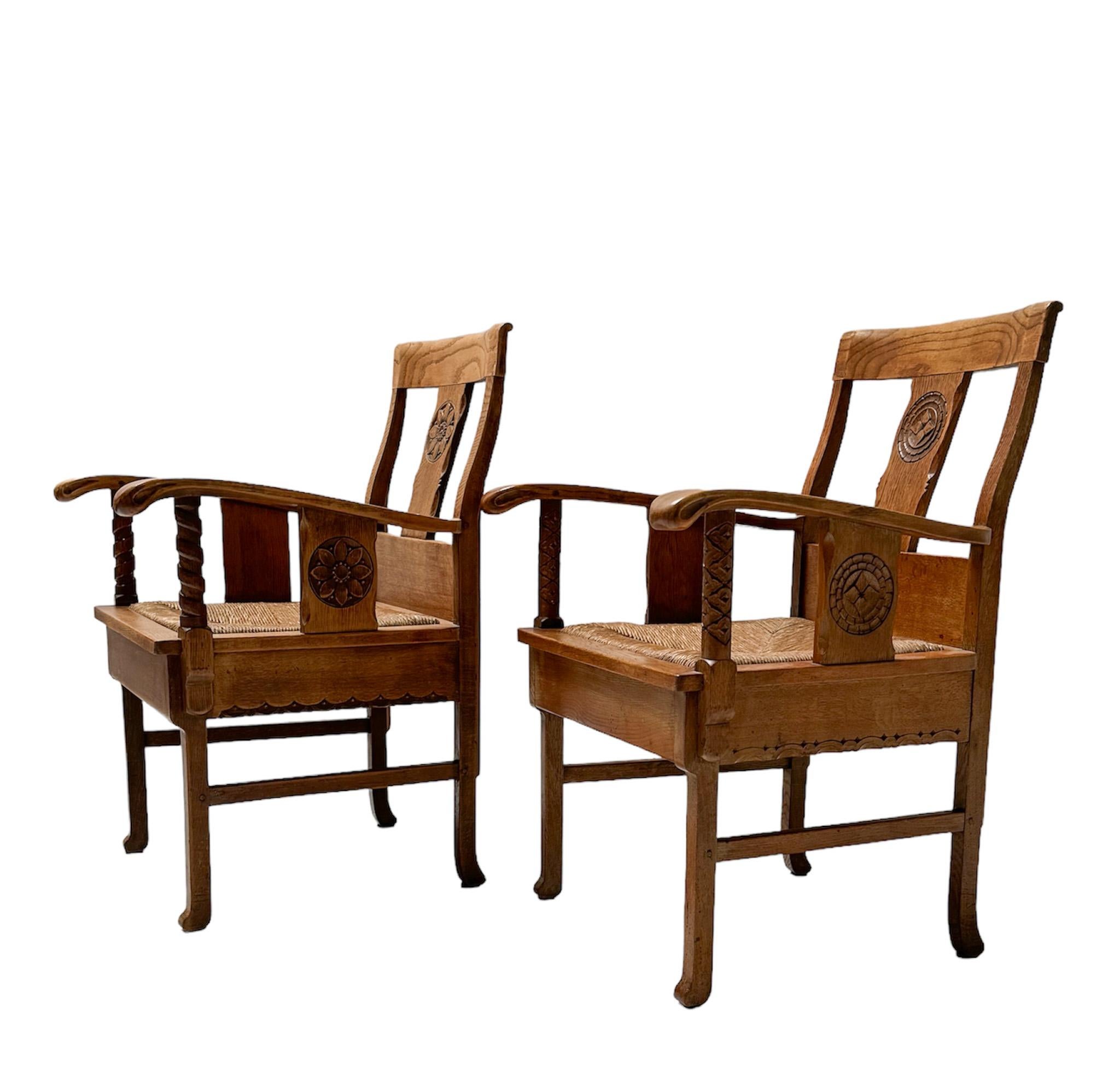 Pair of Rustic Carved Oak Armchairs by Anton Fortuin, 1940s For Sale 3