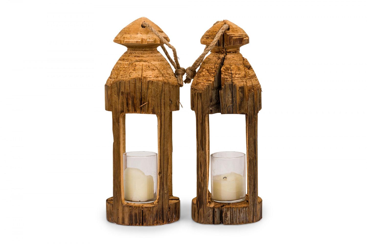 American Pair of Rustic Carved Wooden Lanterns For Sale