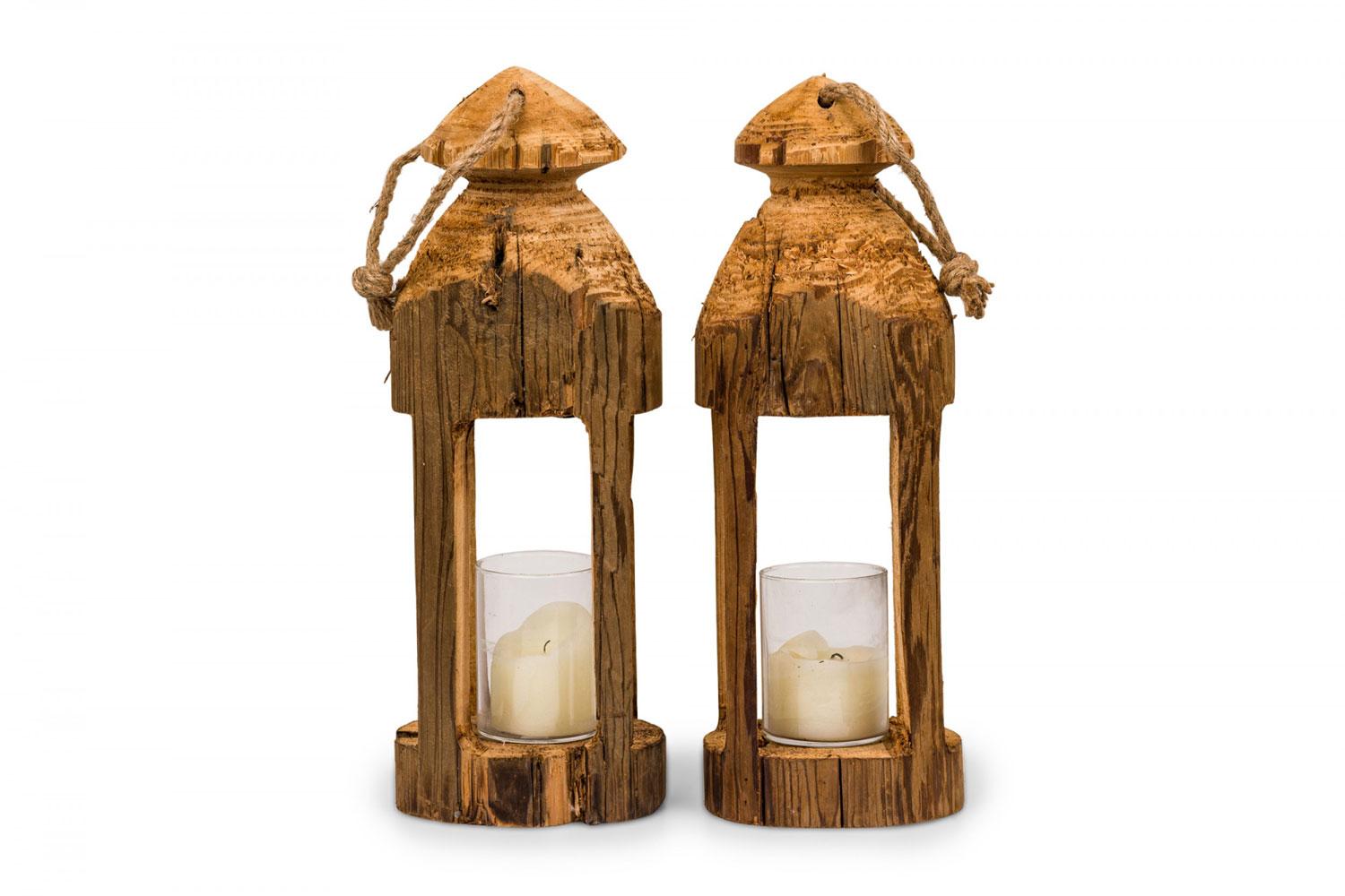 19th Century Pair of Rustic Carved Wooden Lanterns For Sale