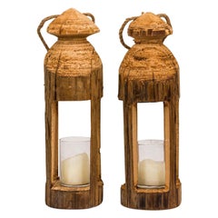 Pair of Rustic Carved Wooden Lanterns Pair of Rustic Carved Wooden Lanterns
