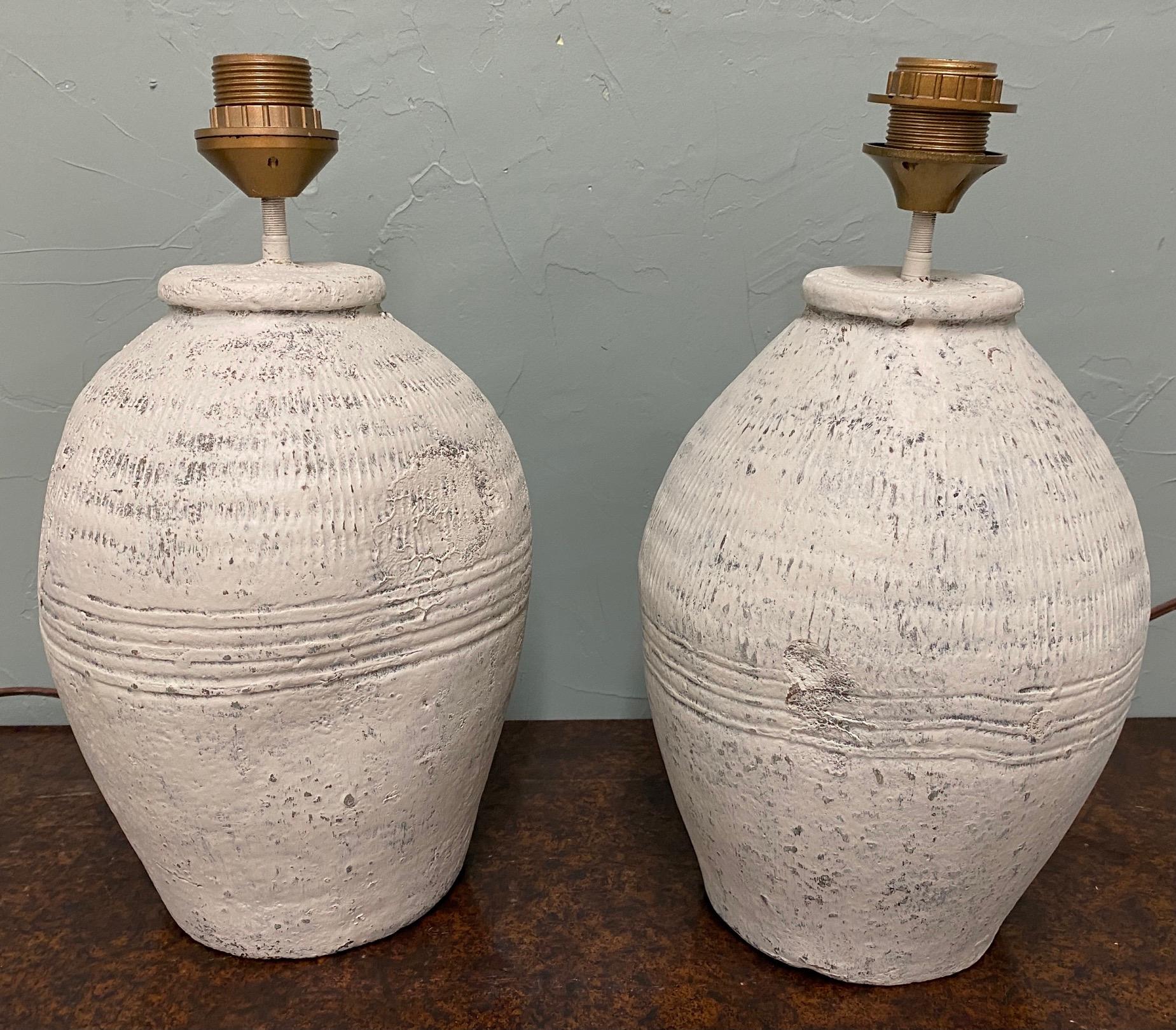 Pair of Rustic Chinese Terracotta Jar Lamps In Good Condition For Sale In Sheffield, MA