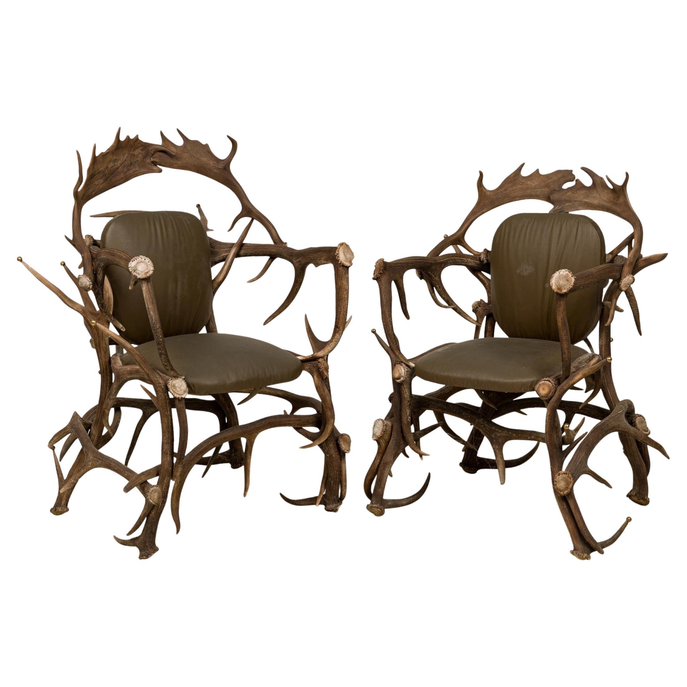 Pair of Rustic Continental Style Olive Green Leather and Faux Antler Armchairs For Sale