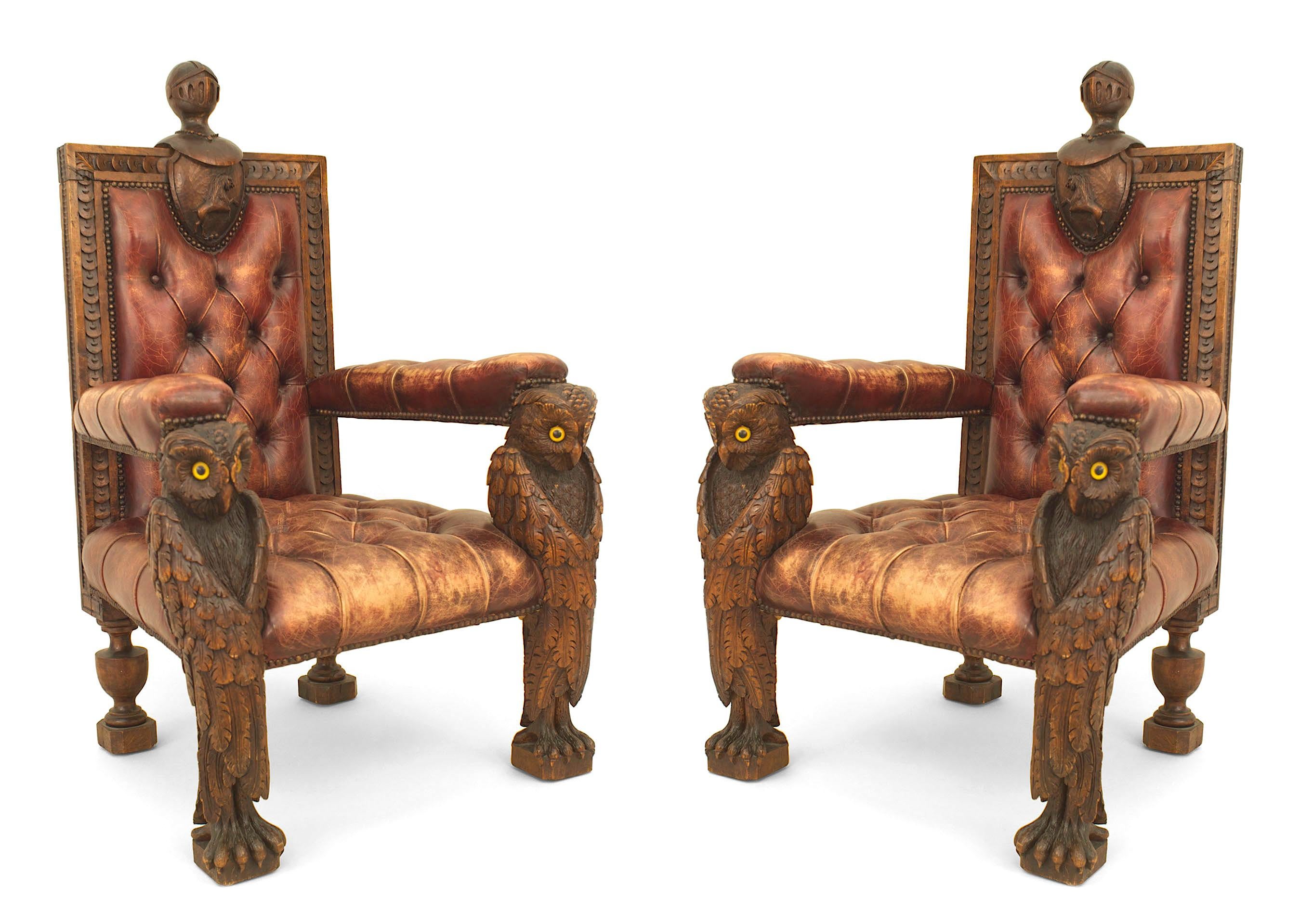 Pair of Rustic Continental style (19th Cent) walnut carved Armchairs with owl figural front legs and red tufted leather upholstery (matching sofa: 057845)
