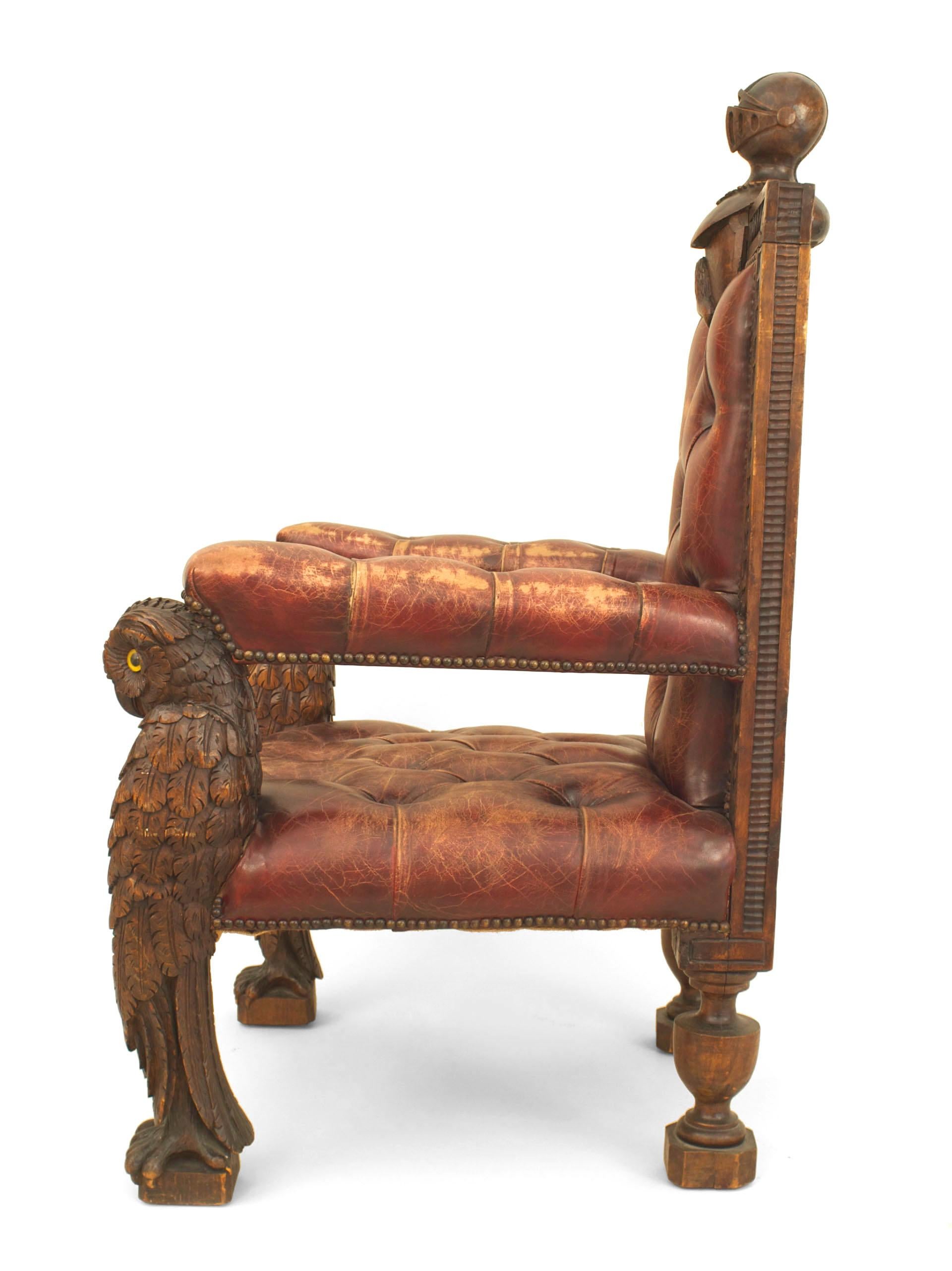 Pair of Rustic Continental Owl Leather Armchairs In Good Condition In New York, NY