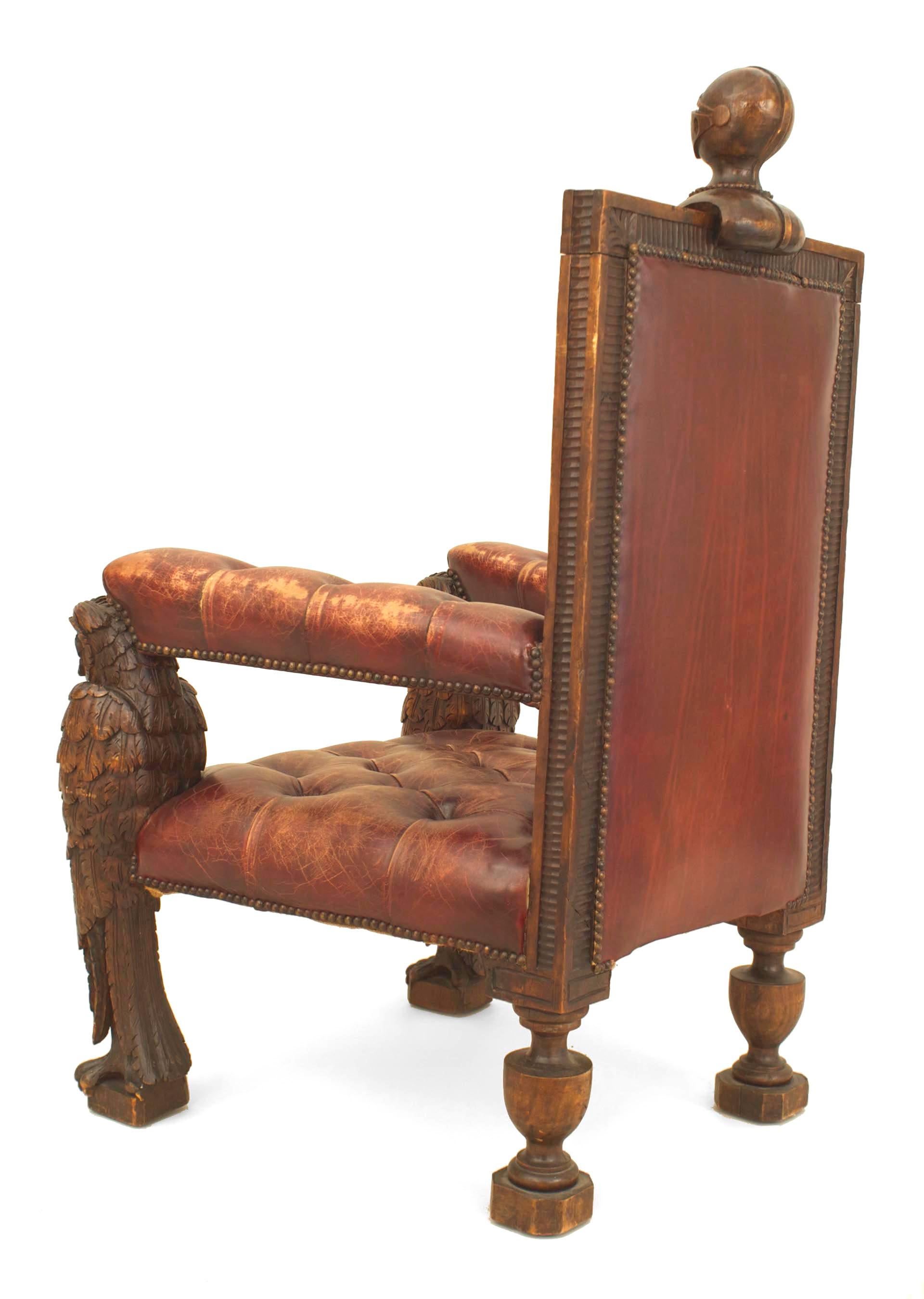 19th Century Pair of Rustic Continental Owl Leather Armchairs
