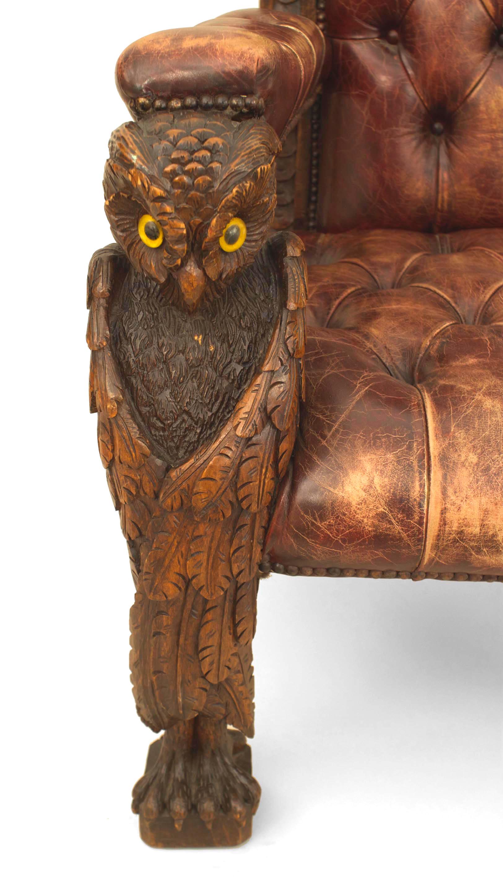 Pair of Rustic Continental Owl Leather Armchairs 1