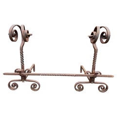 Pair of Rustic "Curly-Que" Wrought Iron Fireplace Andirons, 1800's