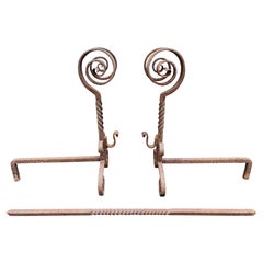 Pair of Rustic "Curly-Que" Wrought Iron Fireplace Andirons, 1800's
