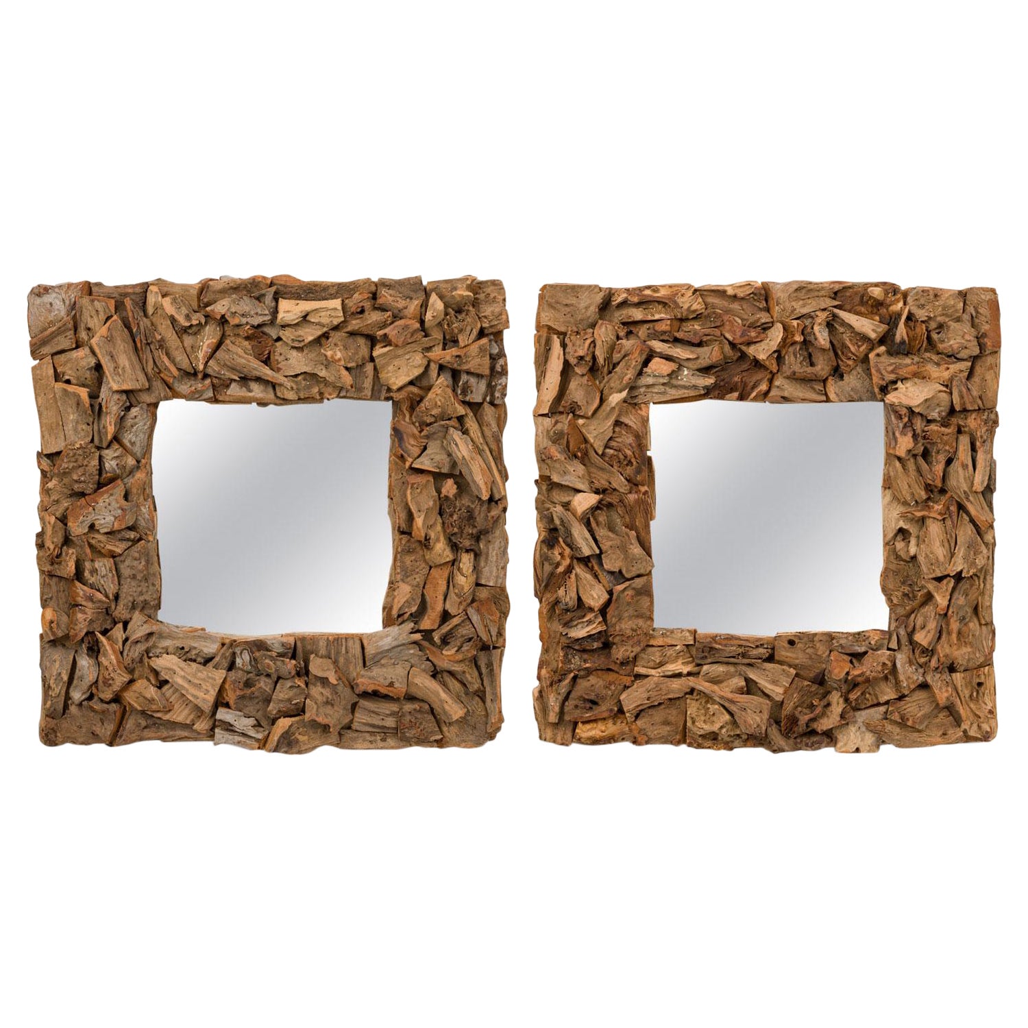 Pair of Rustic Driftwood Framed Square Wall Mirrors