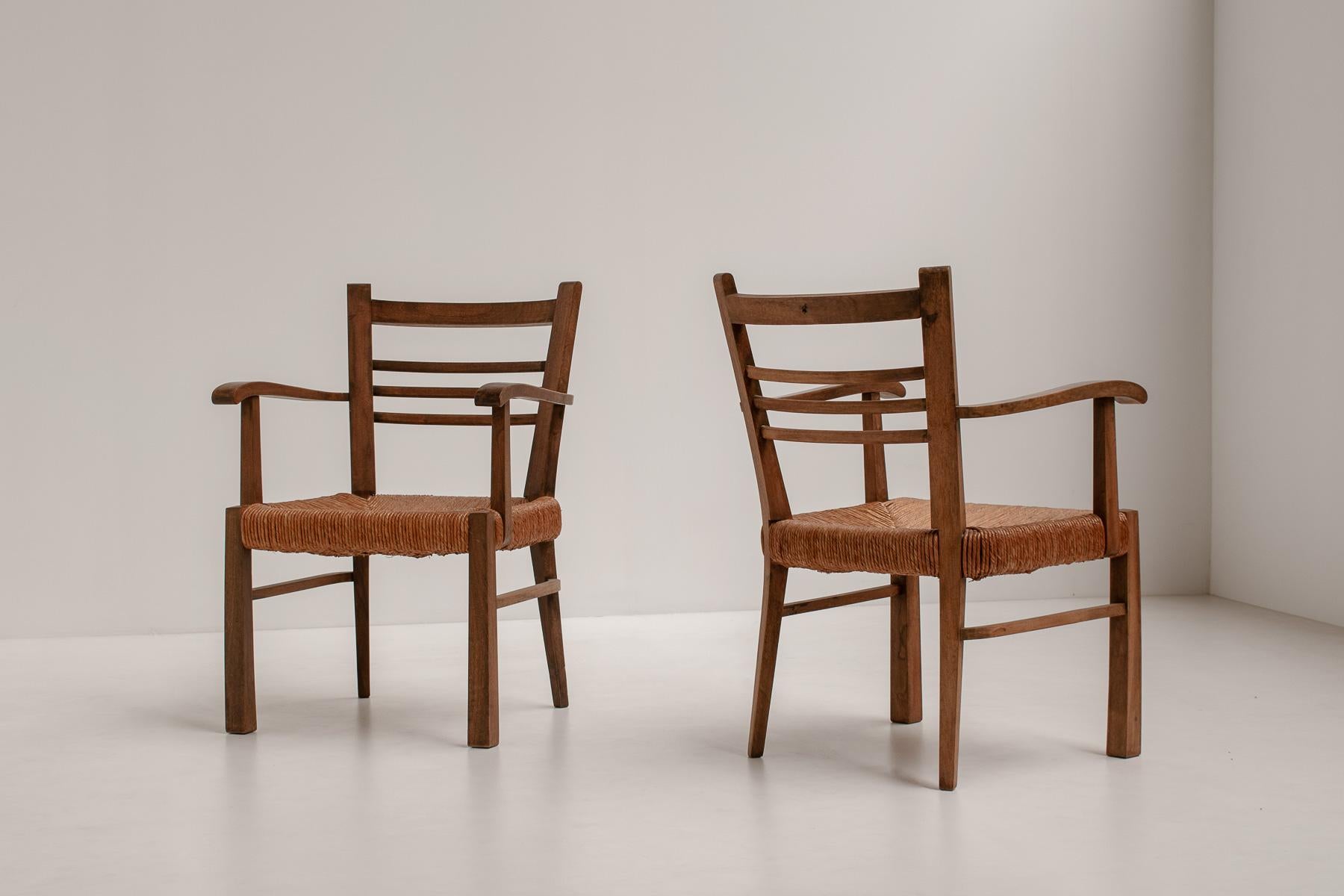 Pair of Rustic French Armchairs in Wood and Straw, 1950s 7