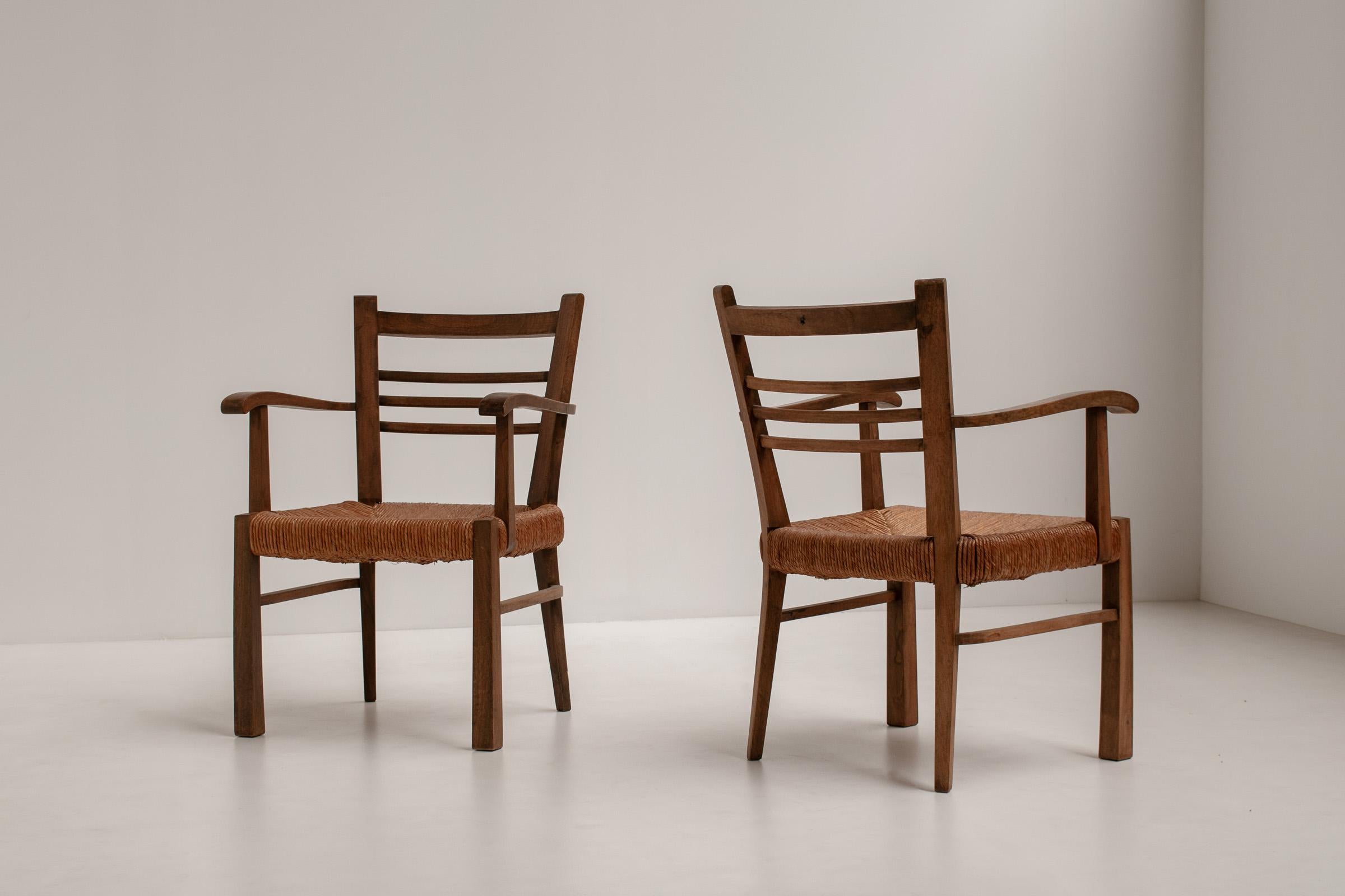 Mid-Century Modern Pair of Rustic French Armchairs in Wood and Straw, 1950s