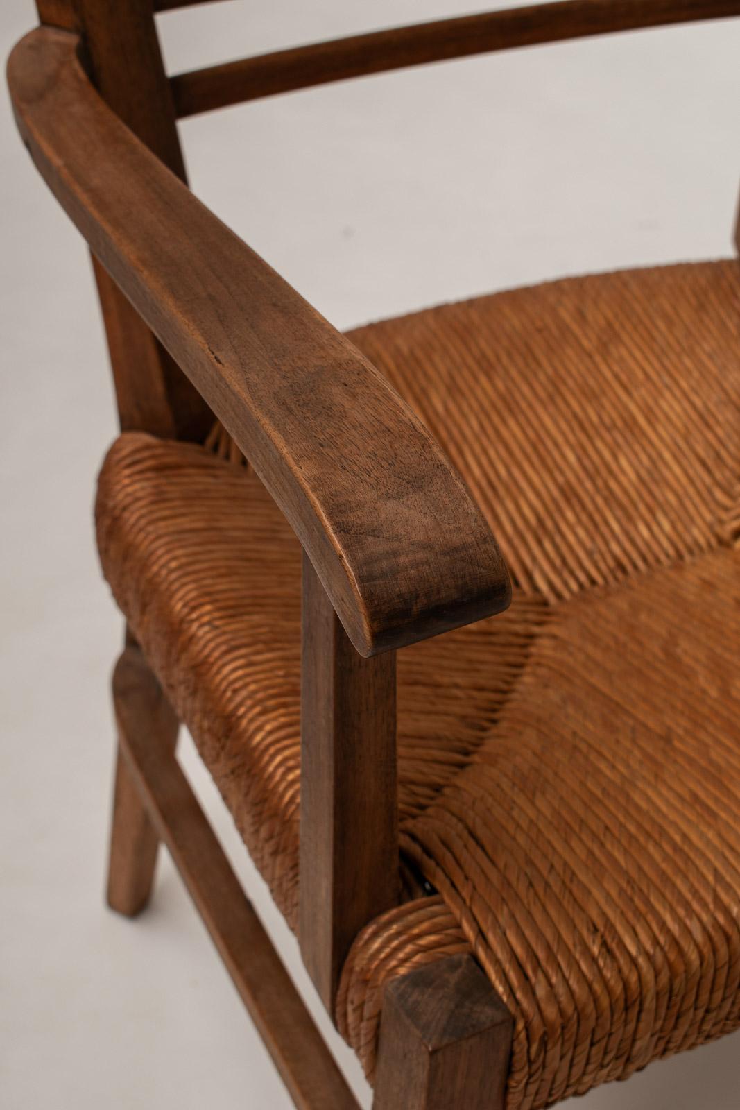 Mid-20th Century Pair of Rustic French Armchairs in Wood and Straw, 1950s