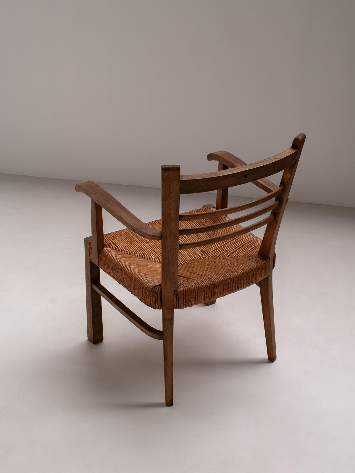 Pair of Rustic French Armchairs in Wood and Straw, 1950s 3