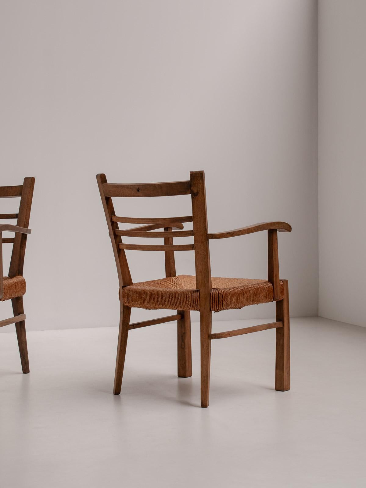 Pair of Rustic French Armchairs in Wood and Straw, 1950s 4
