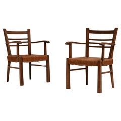 Pair of Rustic French Armchairs in Wood and Straw, 1950s
