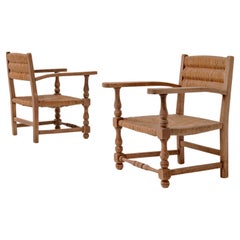Pair of Rustic French Oak & Rush Armchairs, 1950s