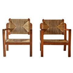Pair of Rustic French Rush Armchairs with Adjustable Back