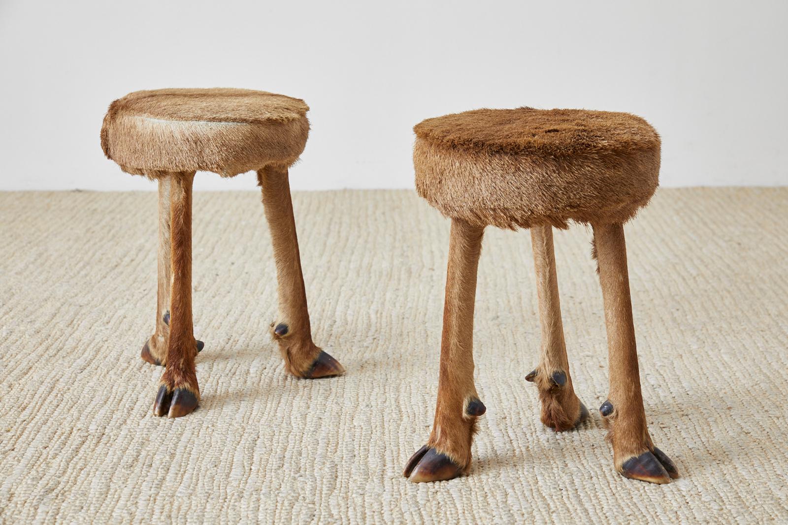Pair of Rustic French Taxidermy Three-Leg Deer Stools 1