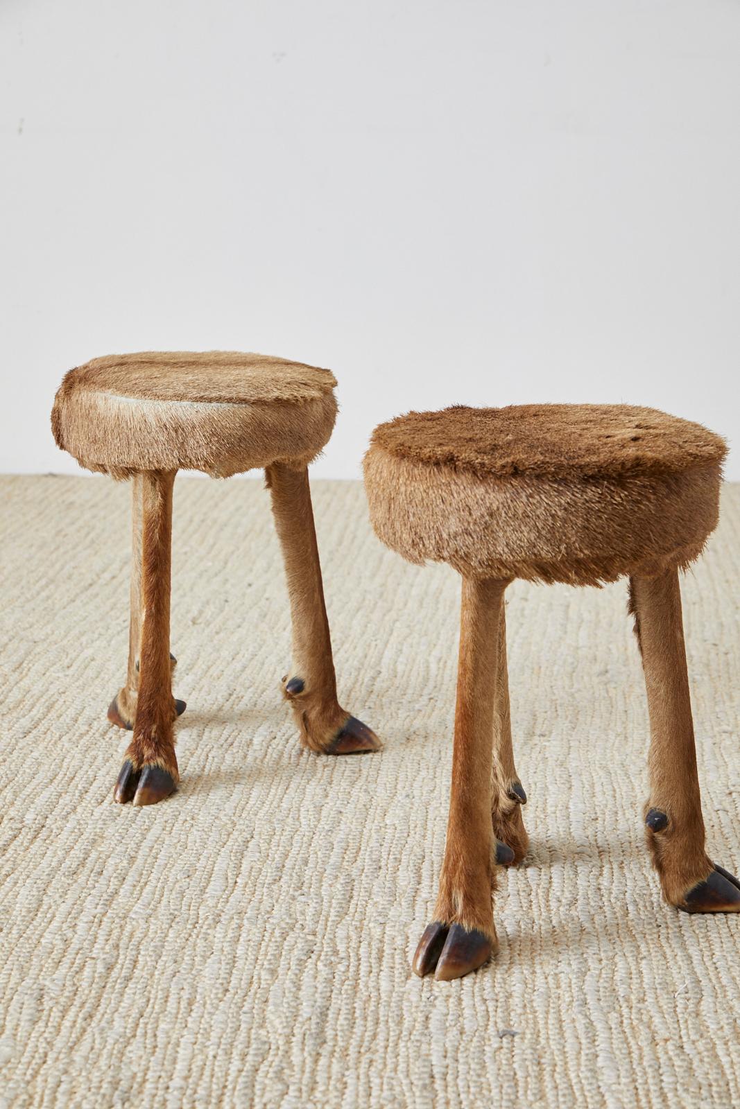 Wood Pair of Rustic French Taxidermy Three-Leg Deer Stools