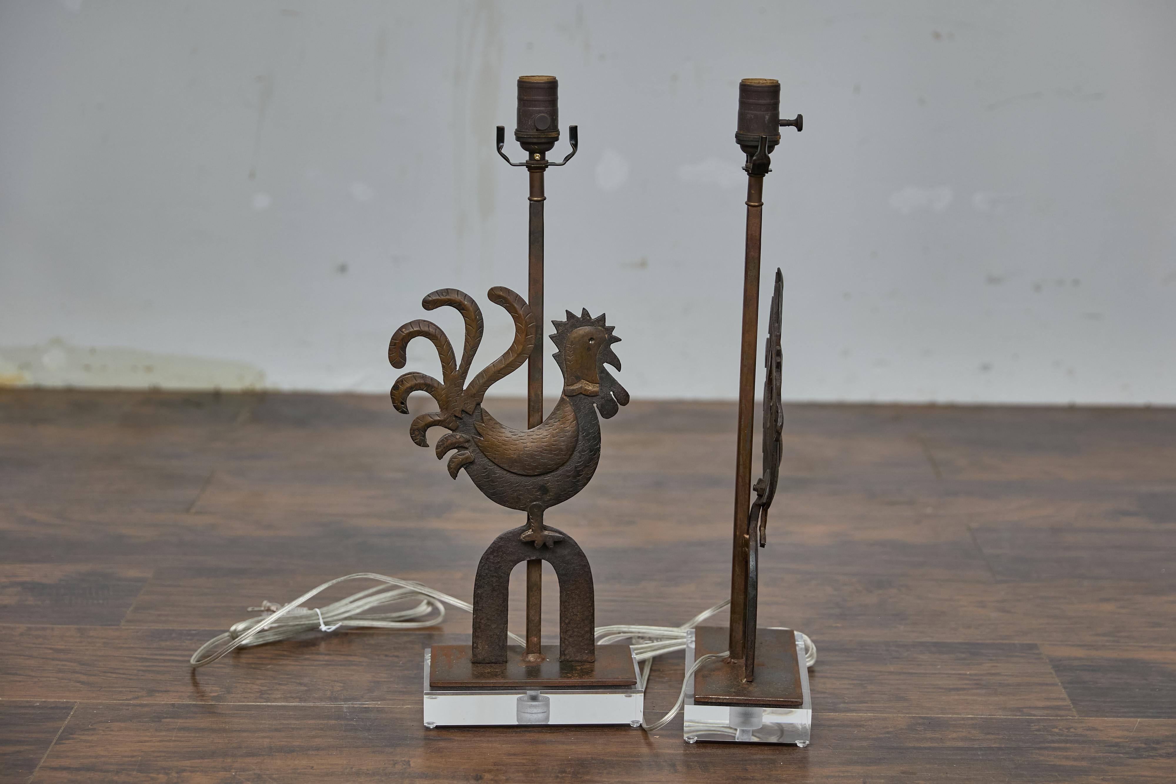 Pair of Rustic French Wrought Iron Rooster Table Lamps on Custom Lucite Bases For Sale 7