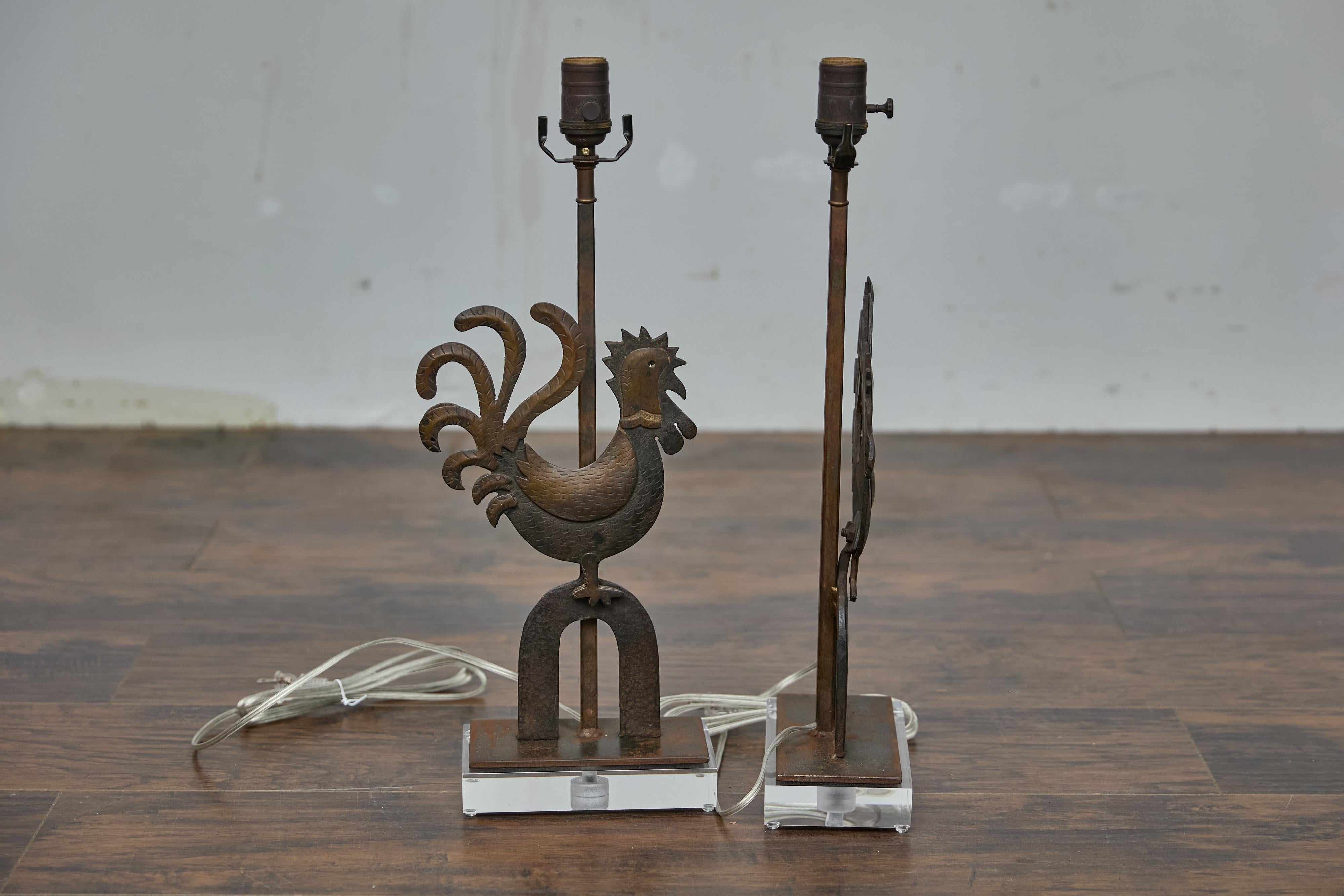Pair of Rustic French Wrought Iron Rooster Table Lamps on Custom Lucite Bases For Sale 8