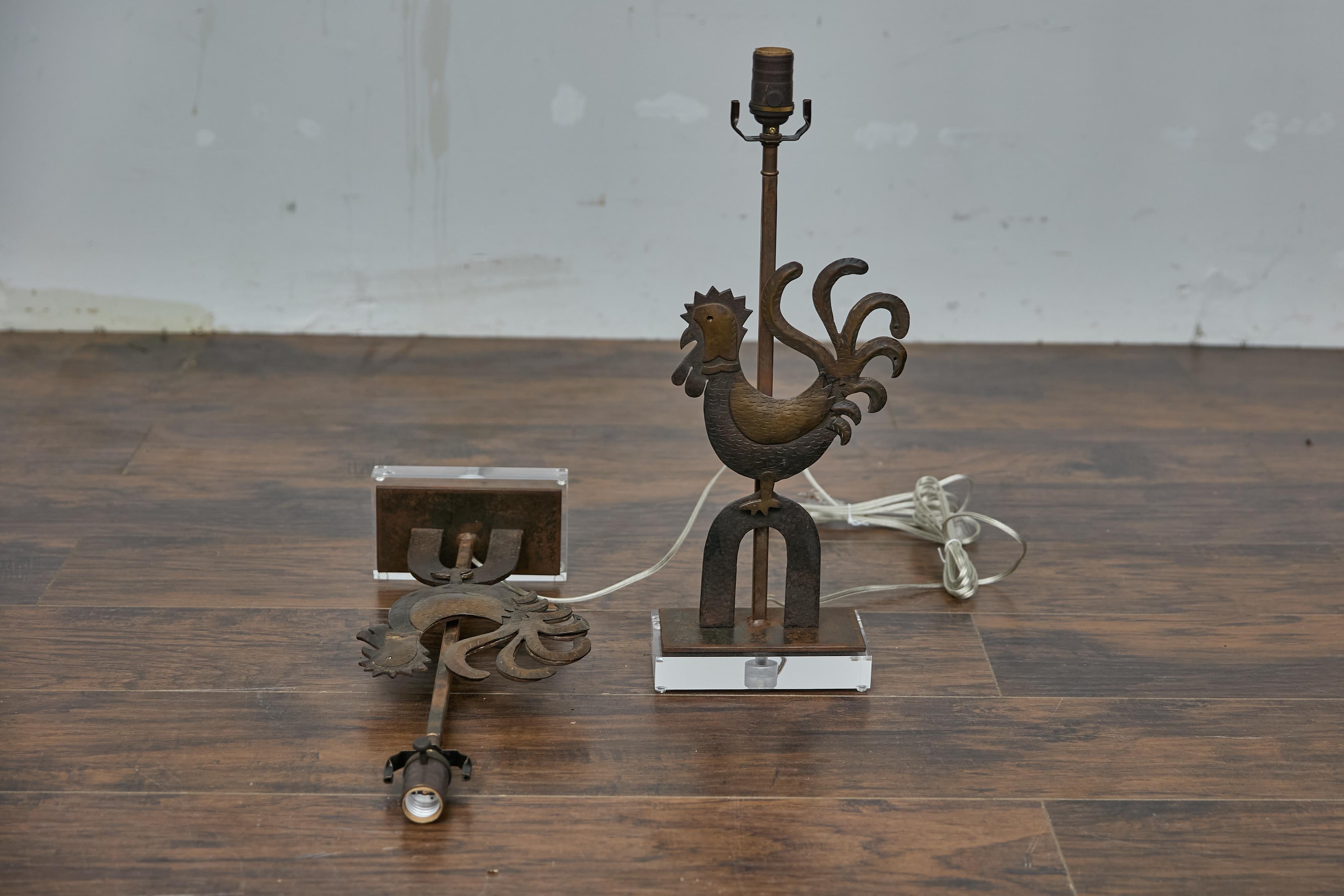 Pair of Rustic French Wrought Iron Rooster Table Lamps on Custom Lucite Bases For Sale 10