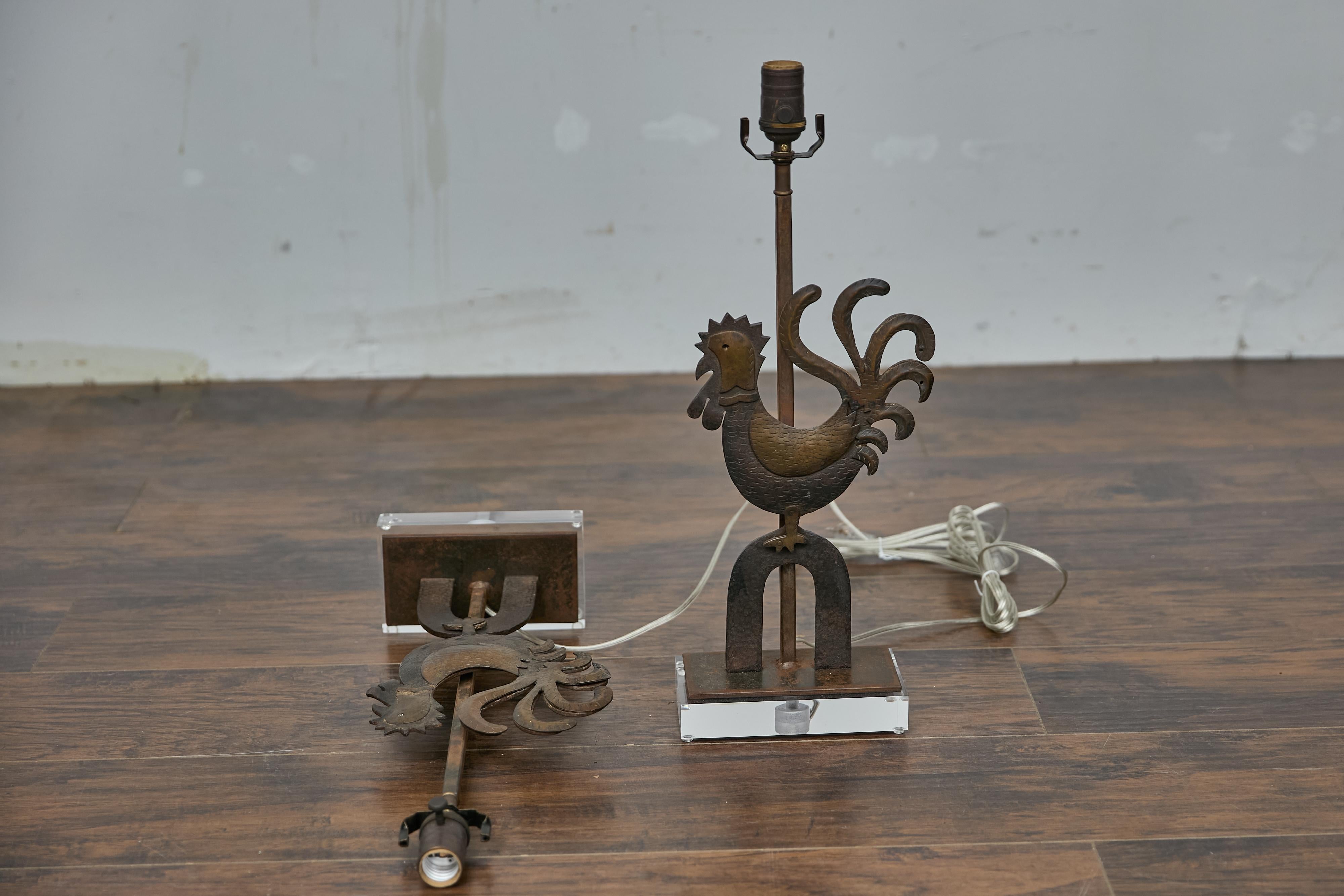 Pair of Rustic French Wrought Iron Rooster Table Lamps on Custom Lucite Bases For Sale 11