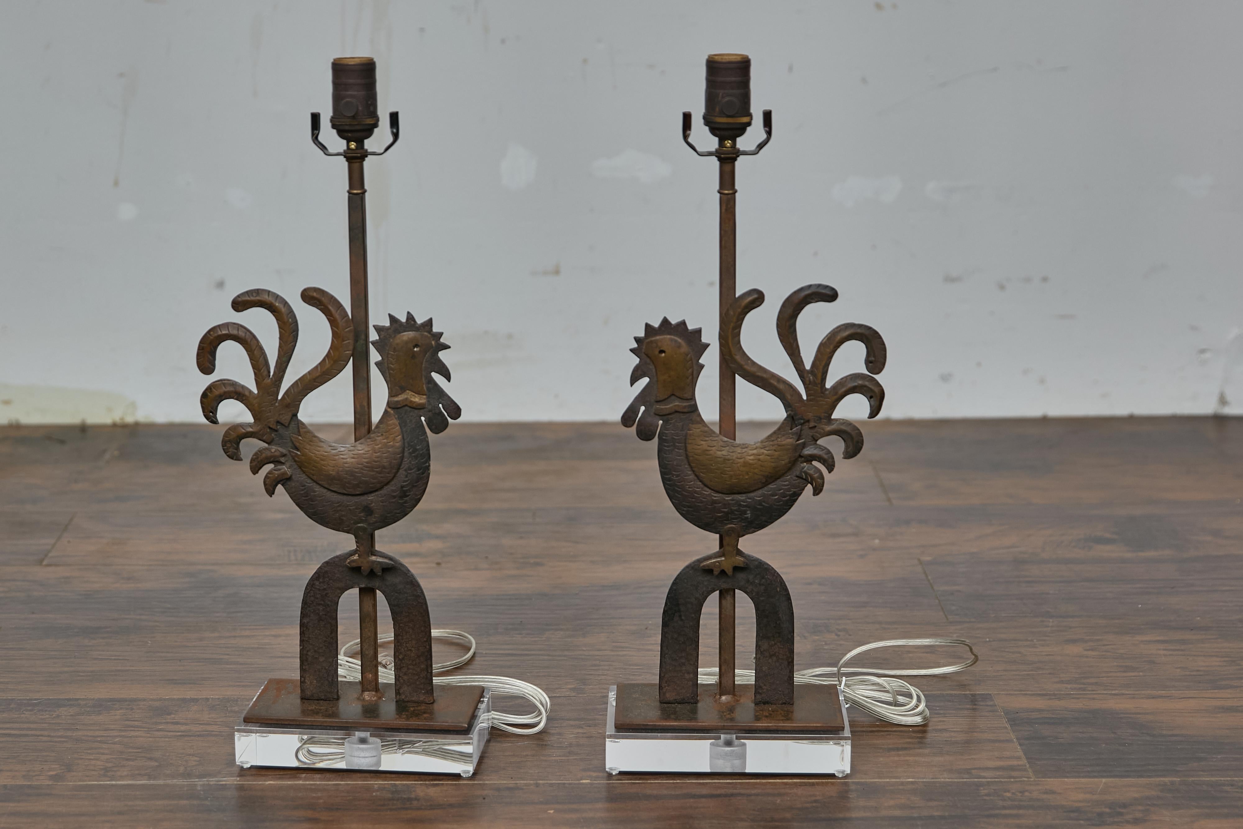Pair of Rustic French Wrought Iron Rooster Table Lamps on Custom Lucite Bases For Sale 12