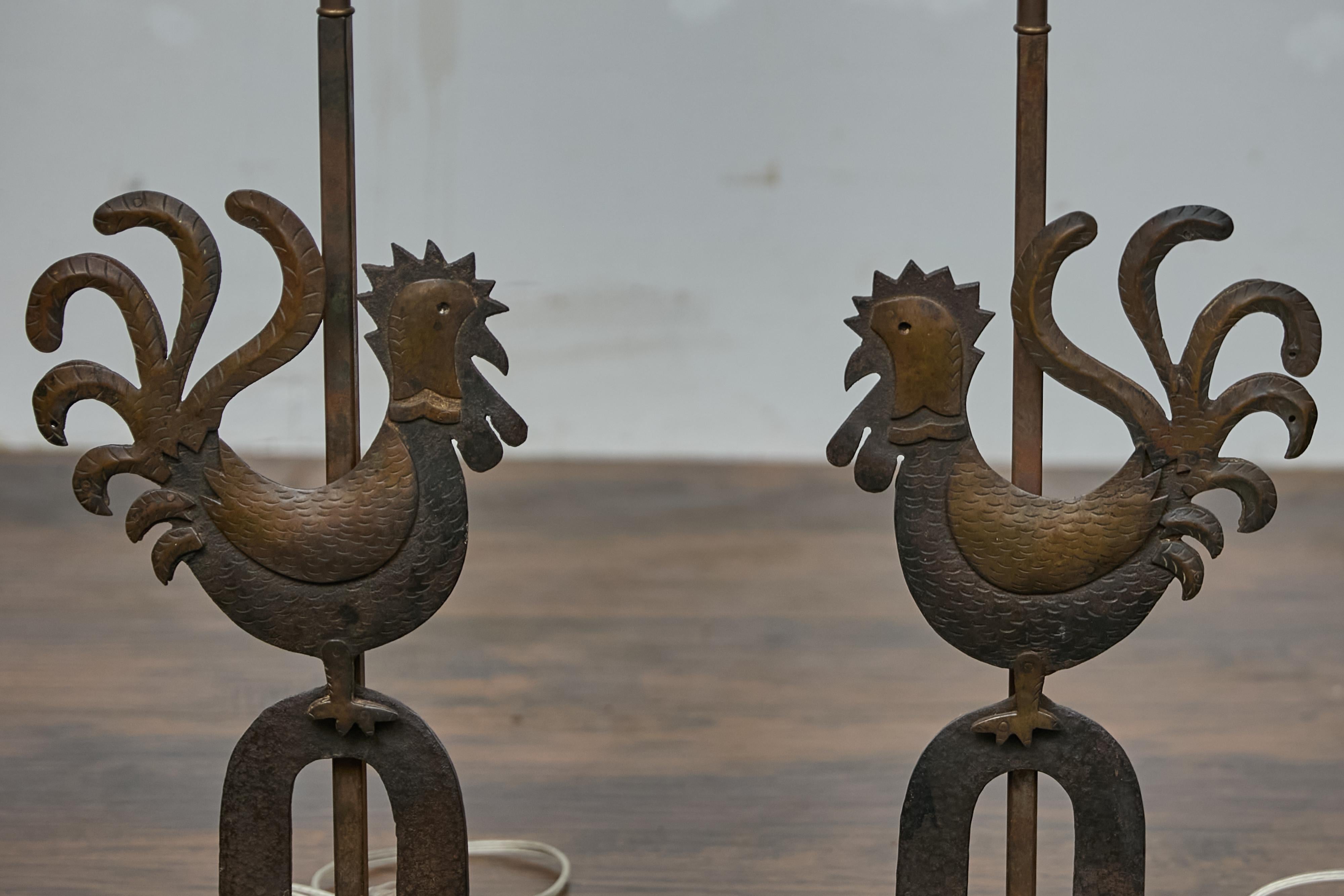 20th Century Pair of Rustic French Wrought Iron Rooster Table Lamps on Custom Lucite Bases For Sale