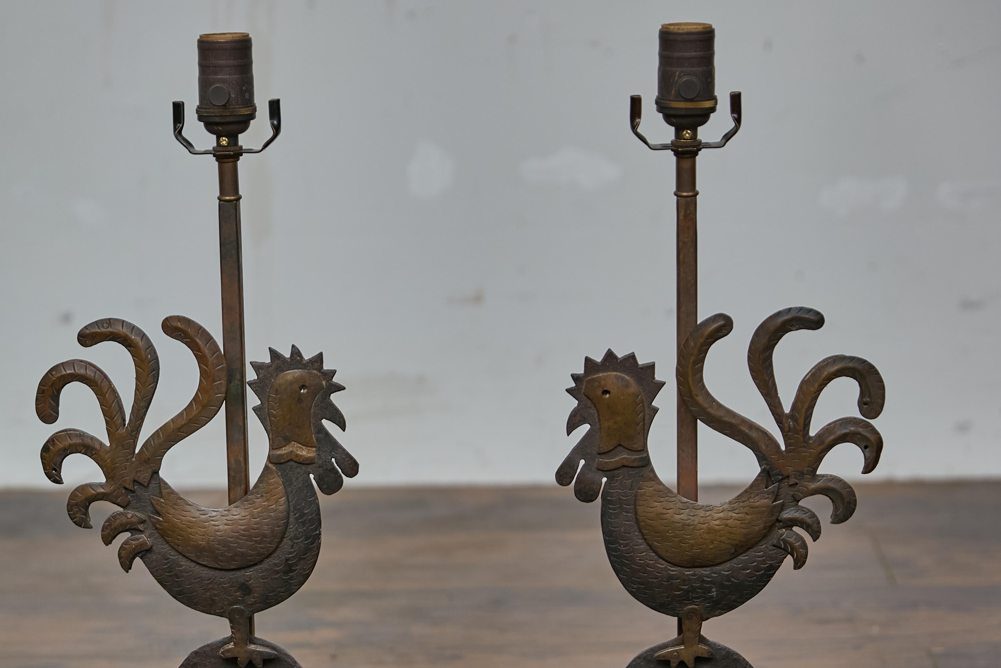 Pair of Rustic French Wrought Iron Rooster Table Lamps on Custom Lucite Bases For Sale 1