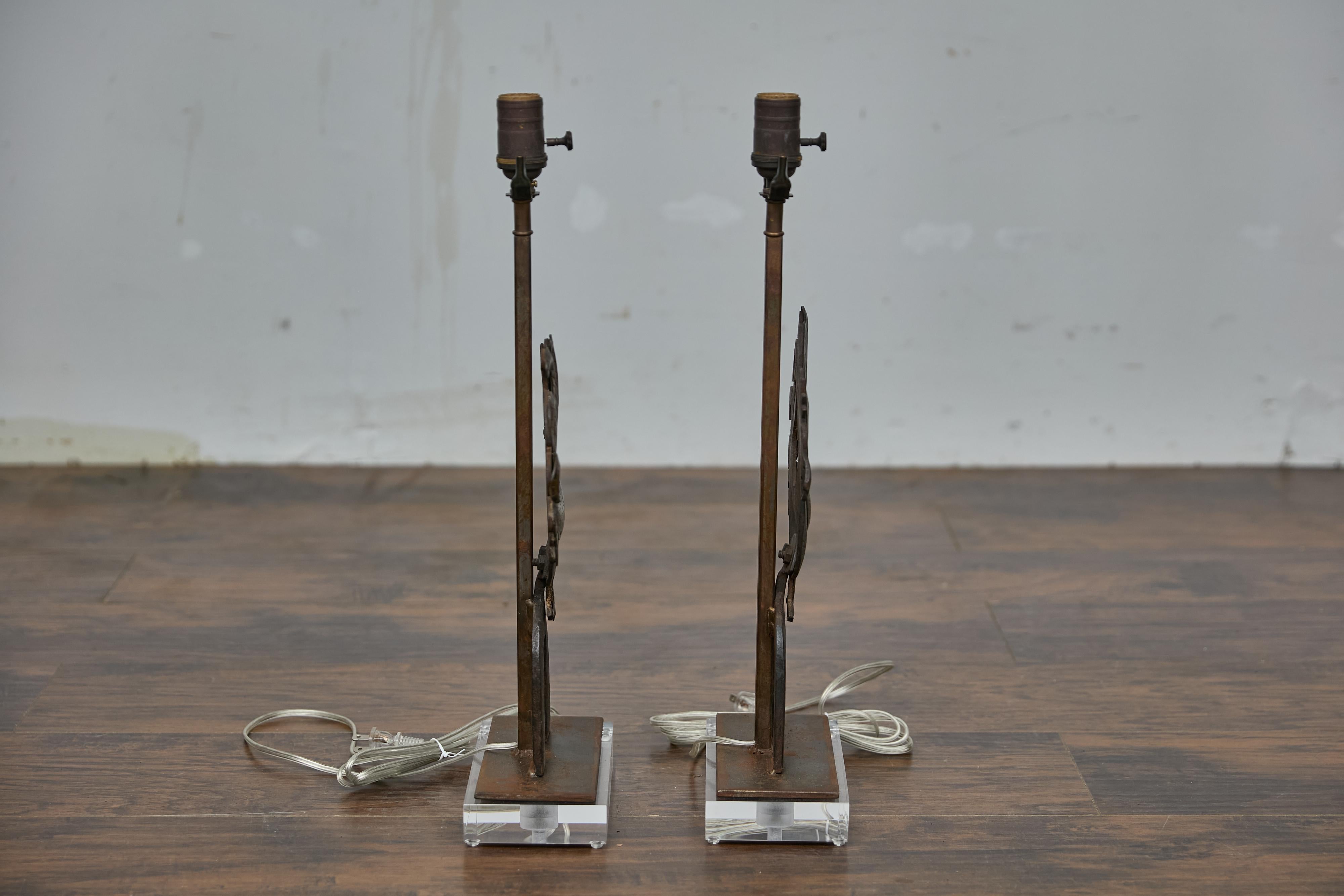 Pair of Rustic French Wrought Iron Rooster Table Lamps on Custom Lucite Bases For Sale 2