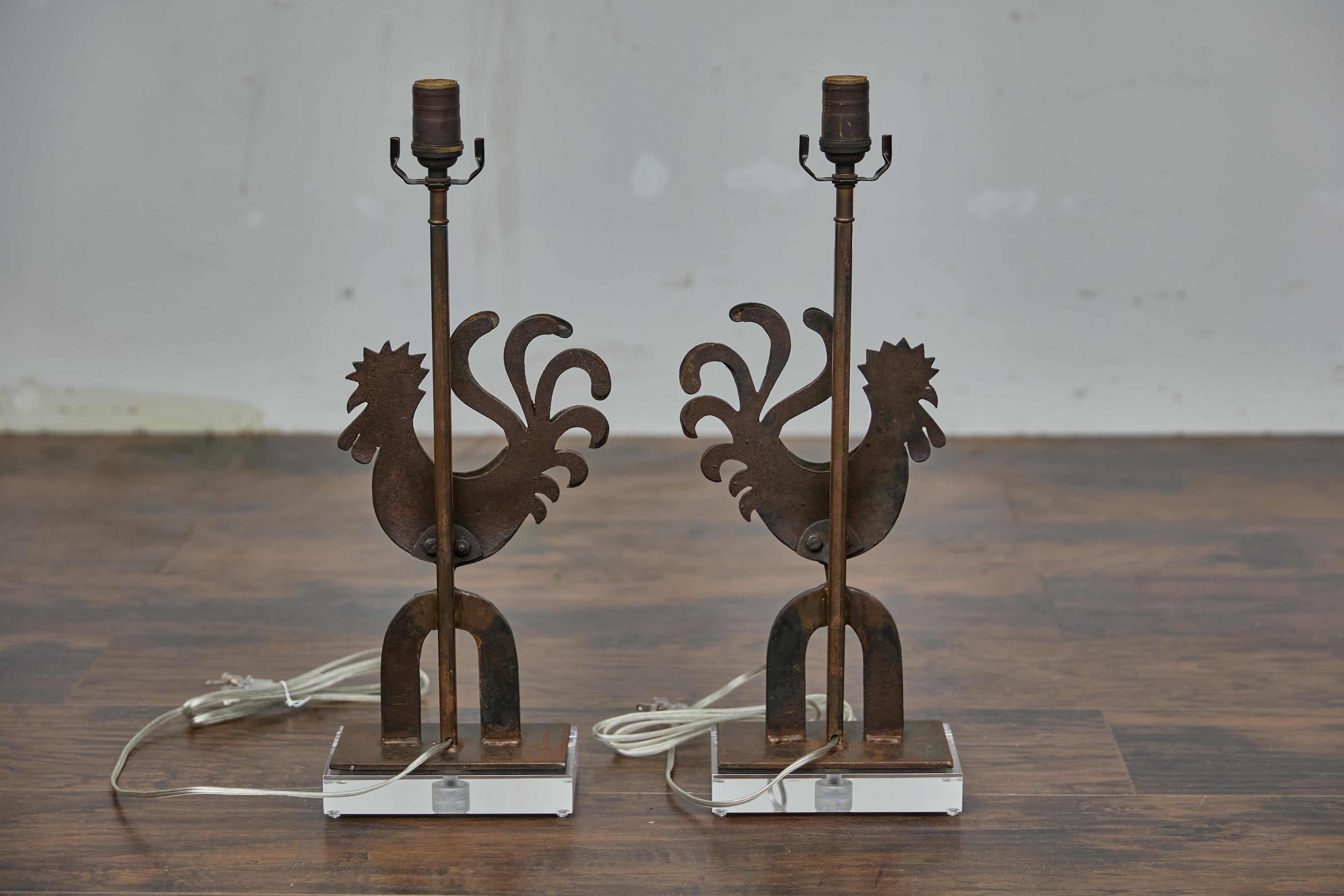 Pair of Rustic French Wrought Iron Rooster Table Lamps on Custom Lucite Bases For Sale 4